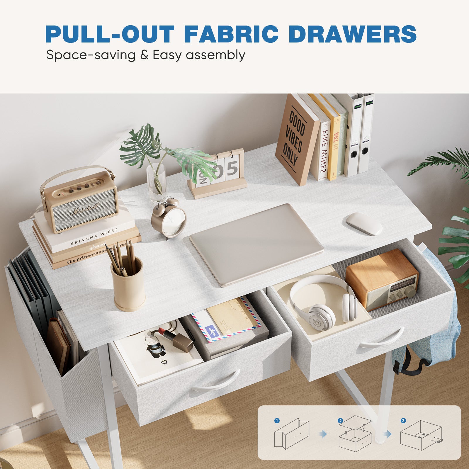 Small Desk Fabric Drawers & Storage Shelves, Computer Desk for Home, Bedroom