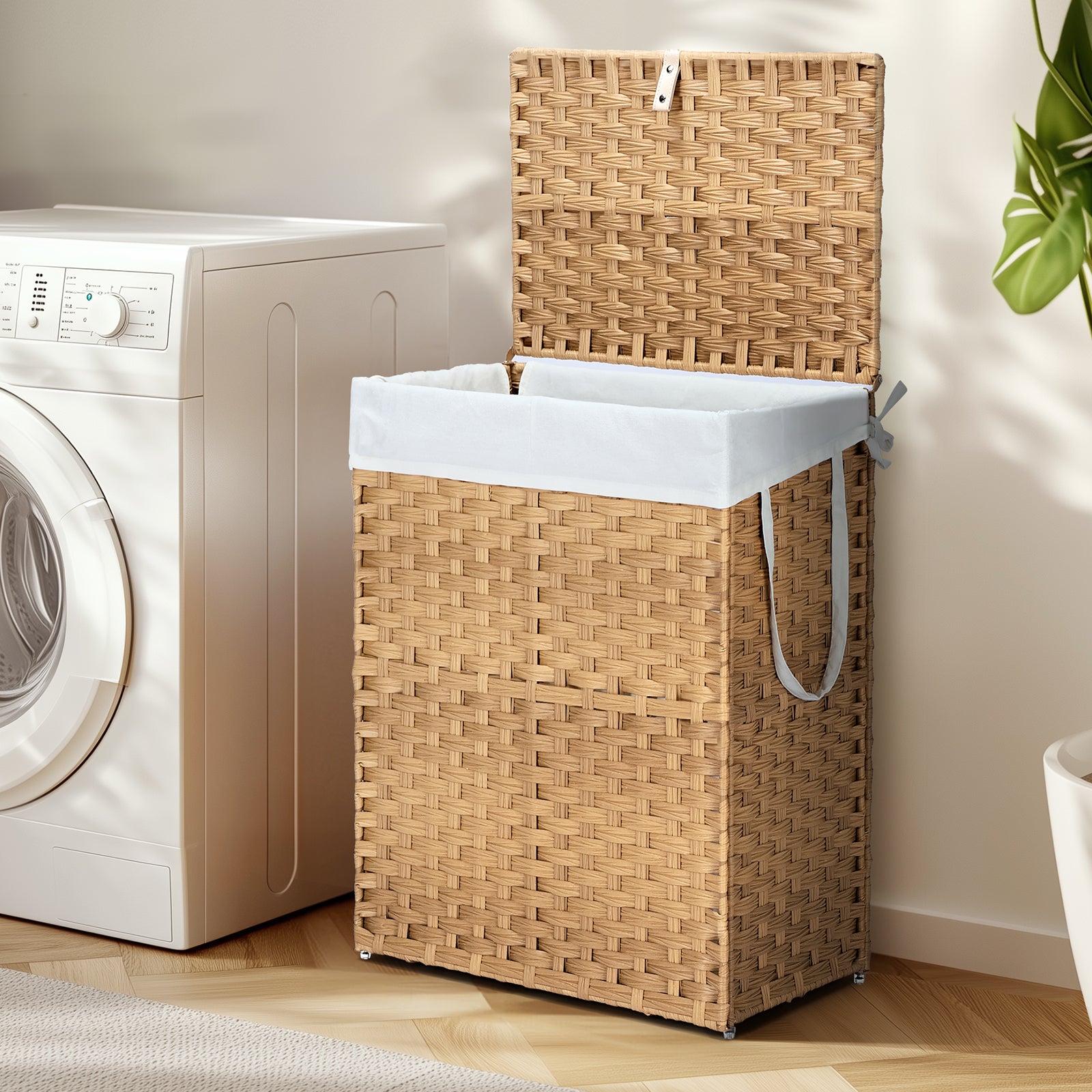 Laundry Hamper with Lid, Hand-Woven PP Rattan Laundry Hamper with Handle, Foldable, Removable Liner, Gray