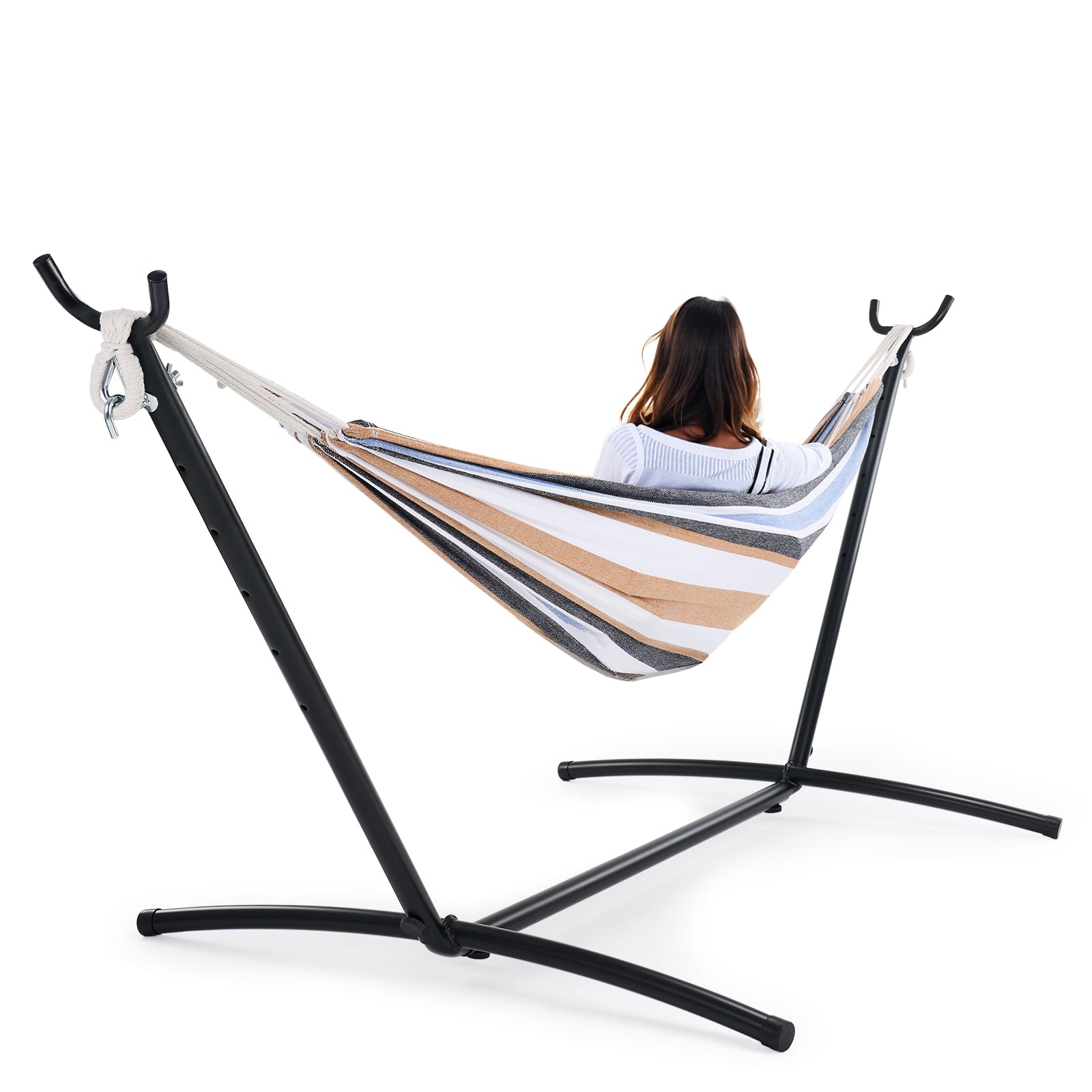 EDX Double Hammock with Space Saving Steel Stand, 2 Person Heavy Duty Outdoor 450lb Capacity Standing Hammocks, Upgraded Polyester End Strings, Portable Carrying Bag Included