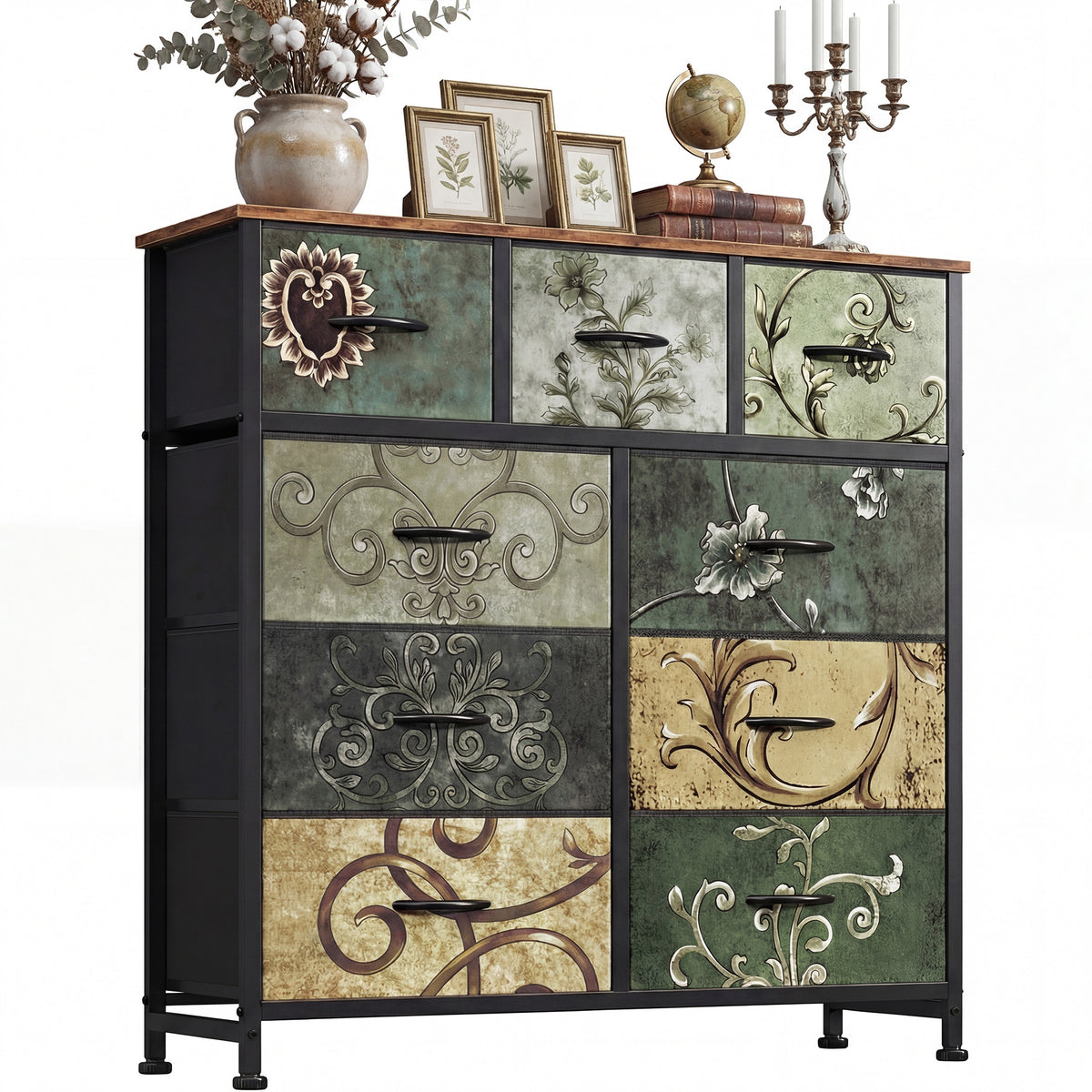 Gianna Fabric Dresser, Retro Flower Design, Sturdy Steel Frame, Wood Top, and Non Deformable Drawer Panels for Bedroom, Closet, Living Room, Hallway, Nursery
