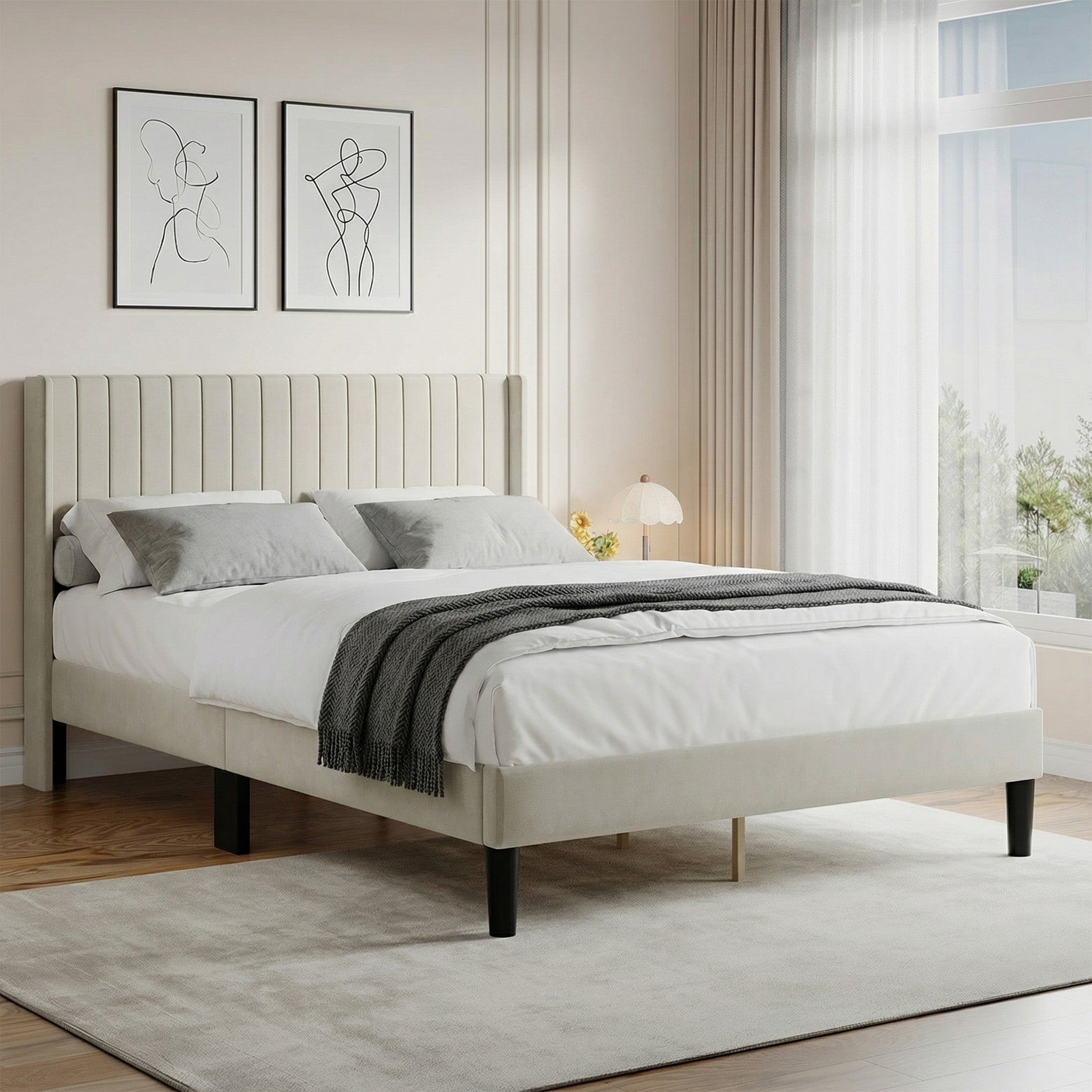EDX Upholstered Platform Bed Frame with Padded Wingback Headboard, Modern Accent Bedroom Furniture