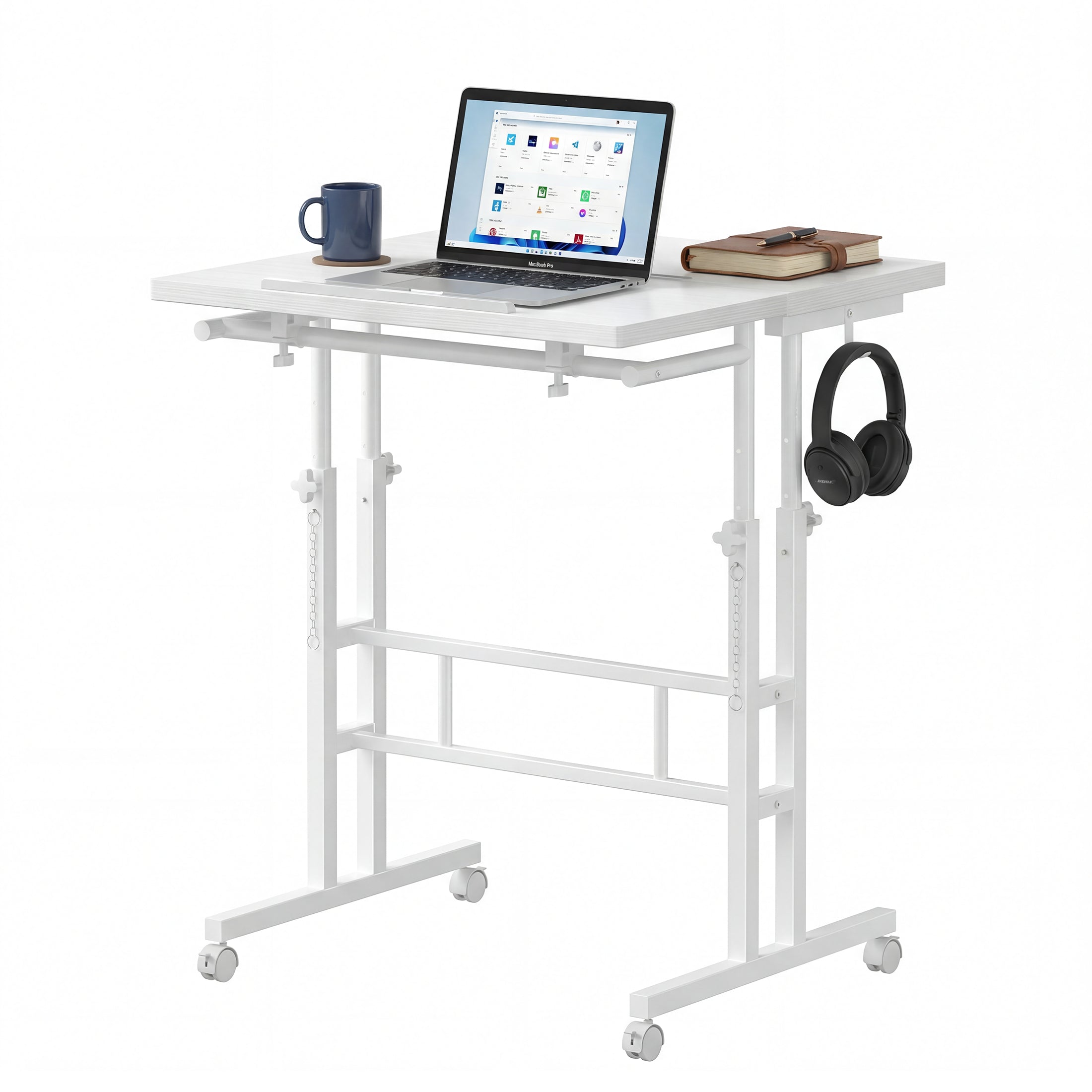 EDX Dual Desktop Height Adjustable Rolling Desk with Wheels, Treadmill Desk for Walking Pad, Mobile Computer Table with Cup Holder for Home Office Bedroom Living Room