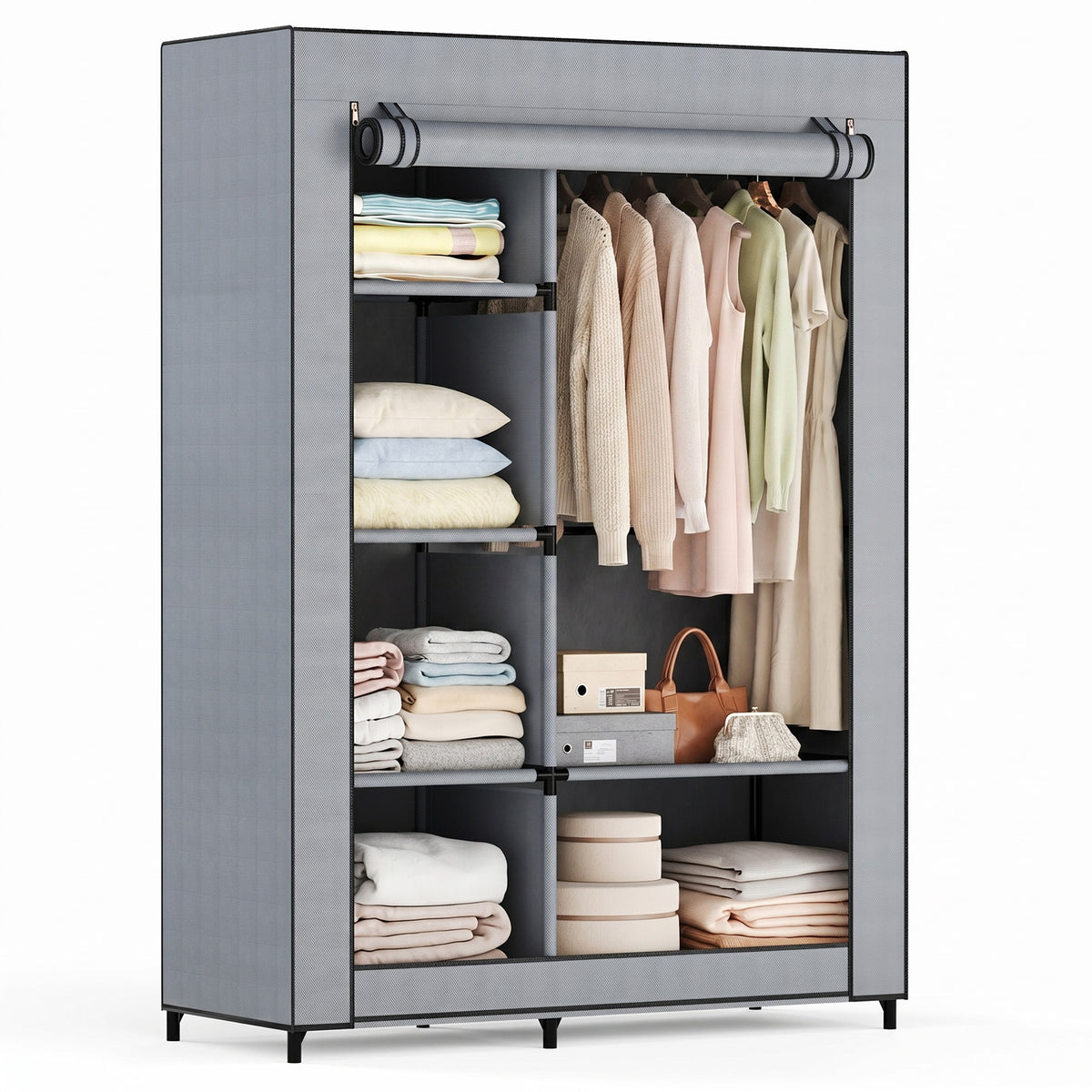 Gianna Portable Closet Wardrobe with Cover, 40 Inch Gray Heavy Duty Clothes Storage Organizer with Shelves and Hanging Rod for Bedroom, Living Room, Entryway