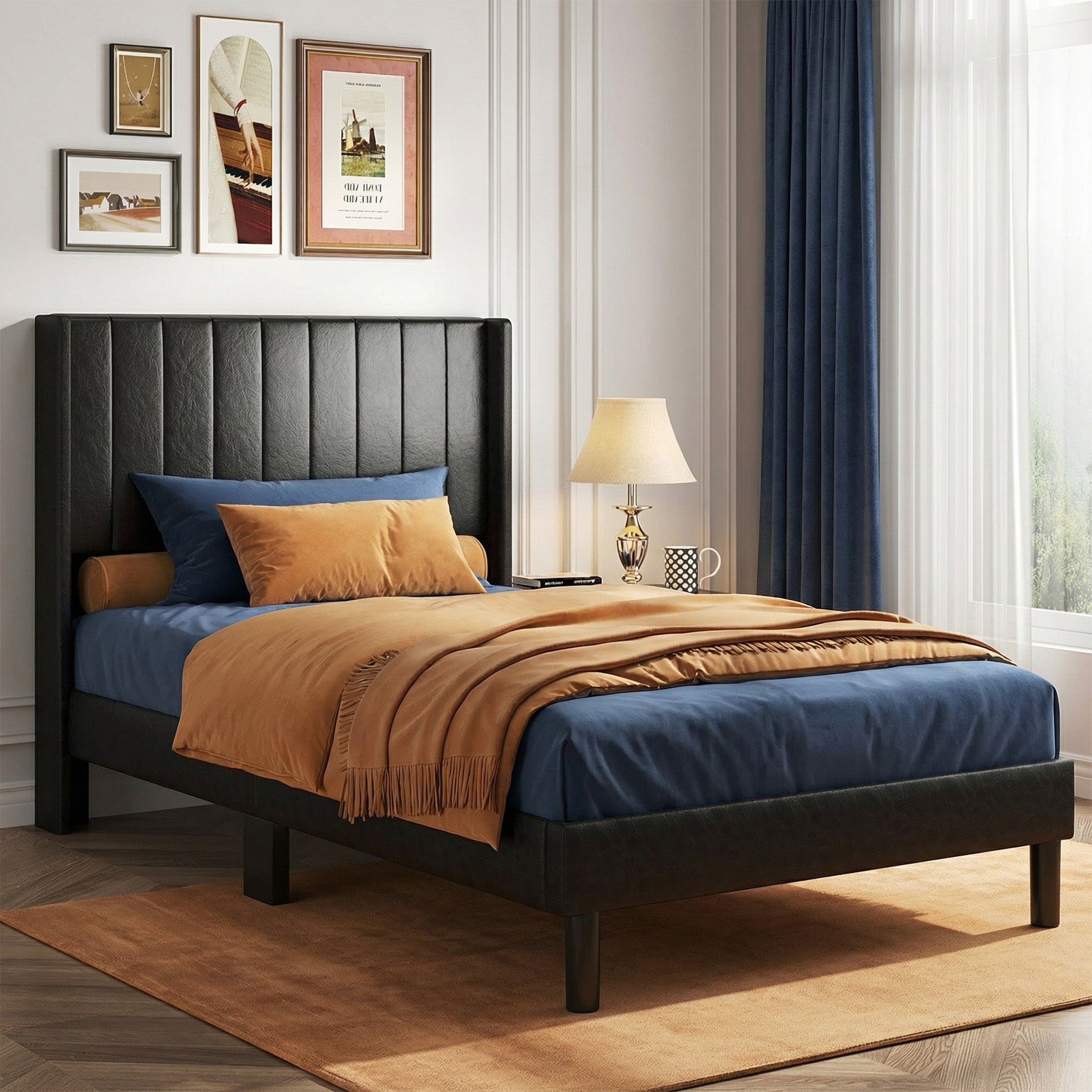 EDX Upholstered Platform Bed Frame with Padded Wingback Headboard, Modern Accent Bedroom Furniture