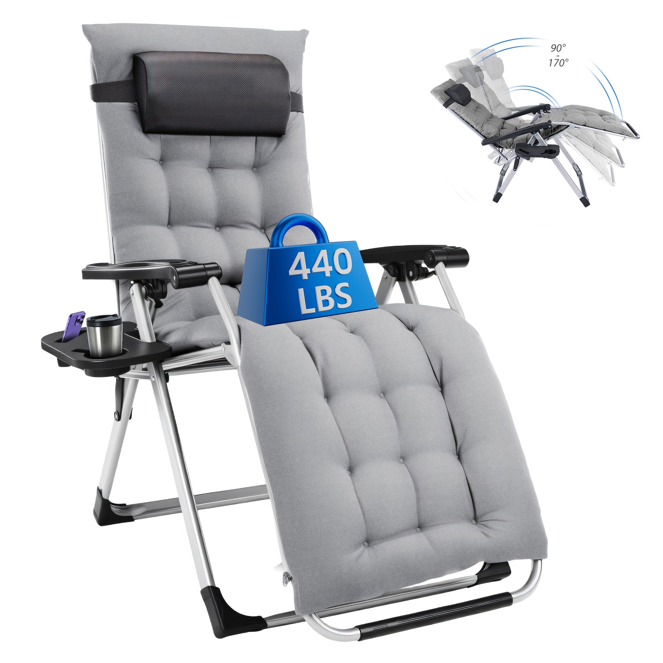 EDX Zero Gravity Chair, Reclining Camping Lounge Chair with Removable Cushion, Headrest and Cup Holder Trays, Folding Patio Recliner for Indoor&Outdoor Use, 440LBS Capacity