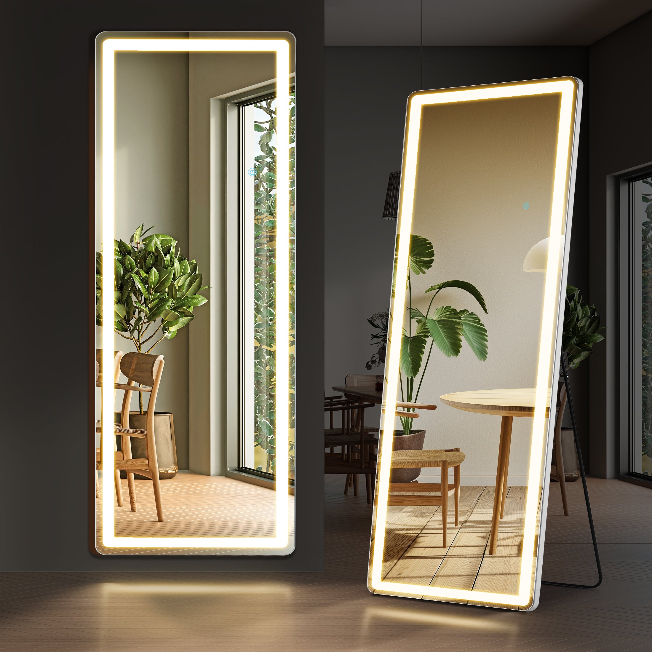 3 Color Lighting Mirror with LED Lights, 71"x26" Lighted Floor Standing Mirror with Stand, Wall Mounted Hanging