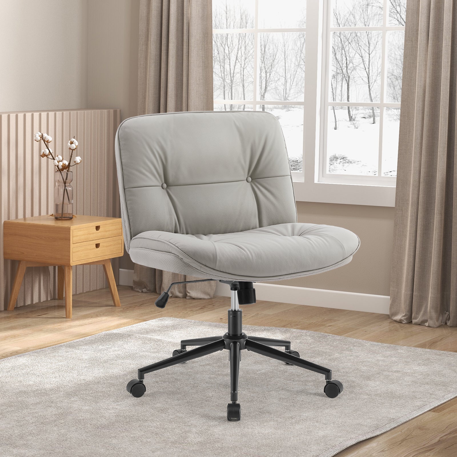 EDX Armless Desk Chair with Wheels, Leather Upholstered Wide Seat Home Office Chair, 130° Rocking Mid Back Computer Chair, Perfect for Office, Bedroom, and Makeup