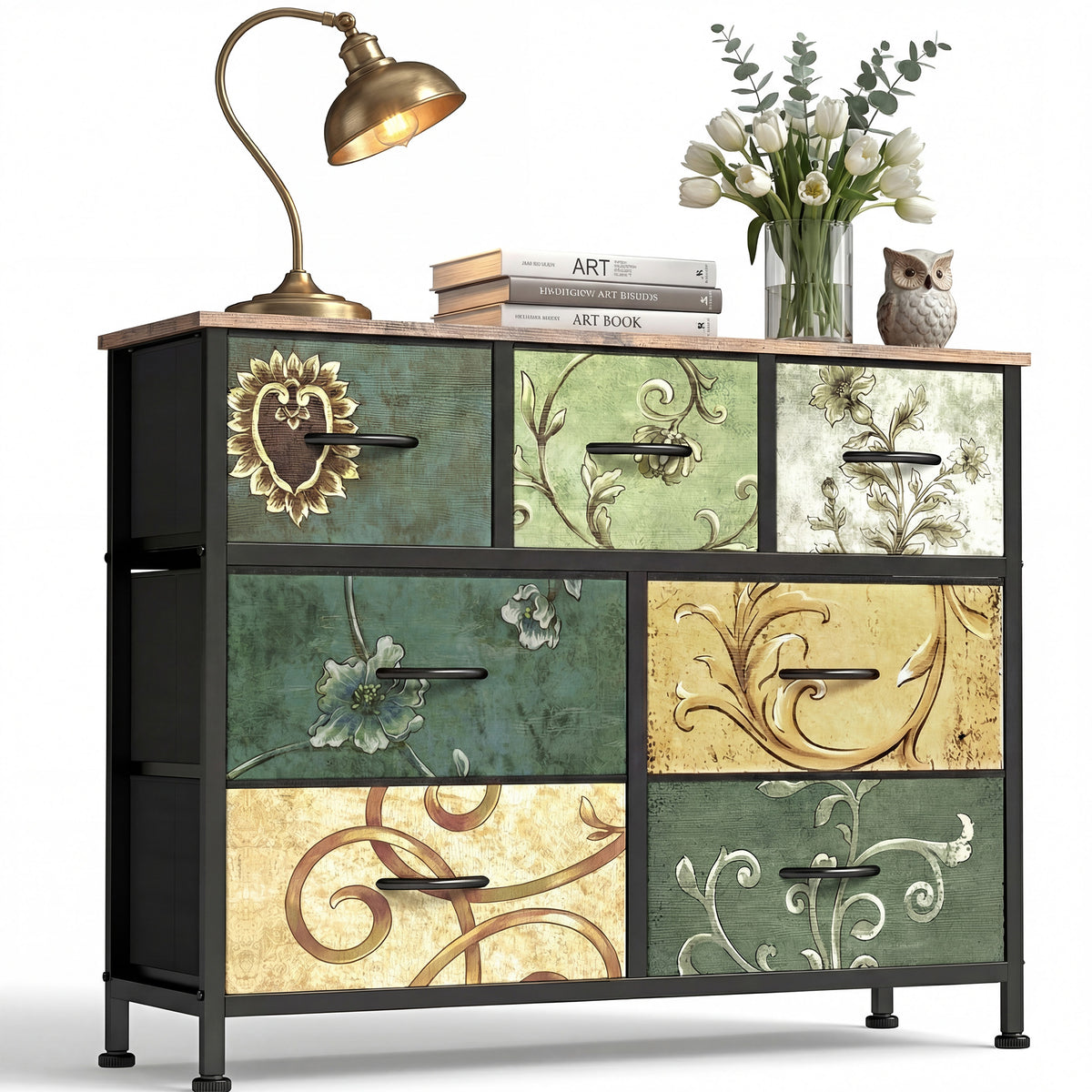 Gianna Fabric Dresser, Retro Flower Design, Sturdy Steel Frame, Wood Top, and Non Deformable Drawer Panels for Bedroom, Closet, Living Room, Hallway, Nursery