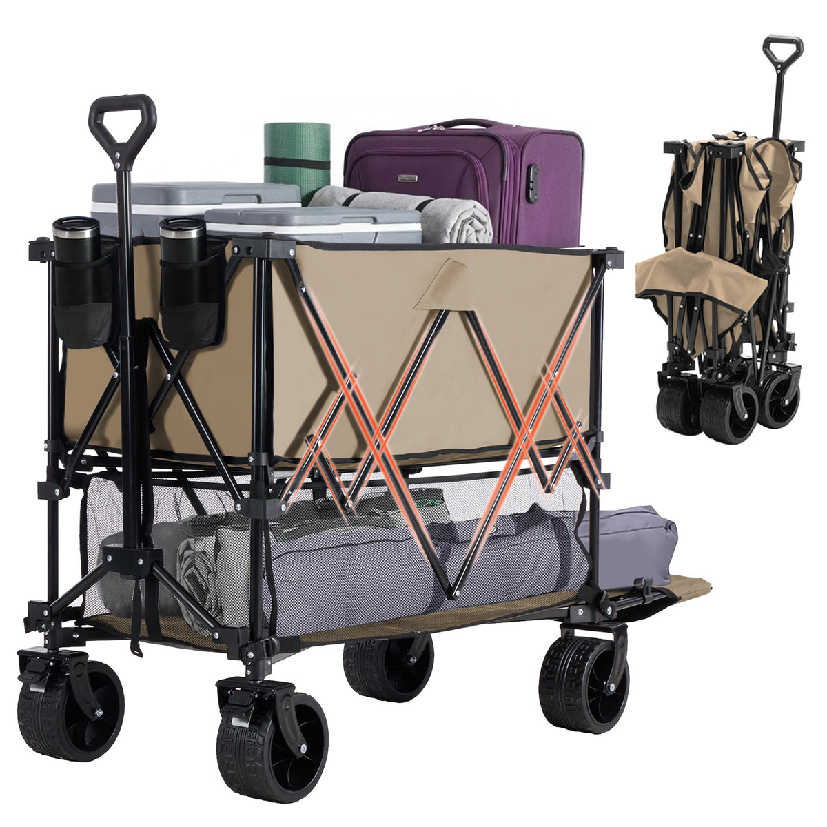 Gianna Heavy-Duty Folding Wagon Cart with 54-inch Rack, 440 lbs Capacity Double-Tier Utility Cart for Camping and Beach