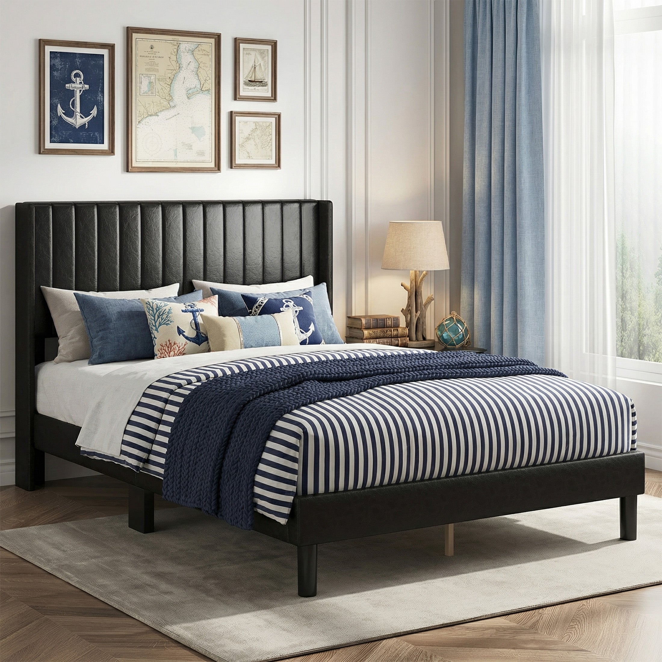 EDX Upholstered Platform Bed Frame with Padded Wingback Headboard, Modern Accent Bedroom Furniture