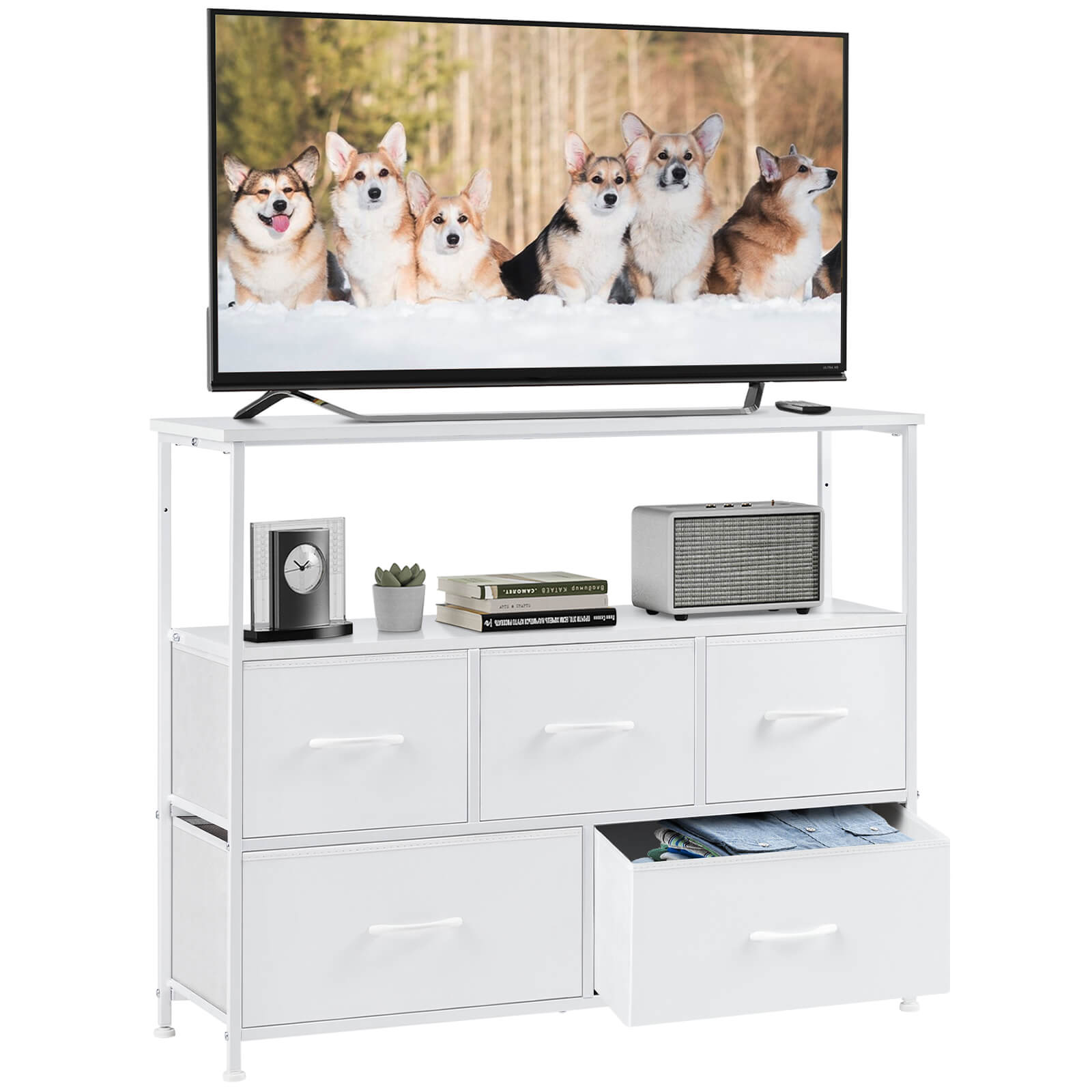 38 in Open Storage Shelf TV Stand with 5 Fabric Drawers for Bedroom/Living Room/Hallway