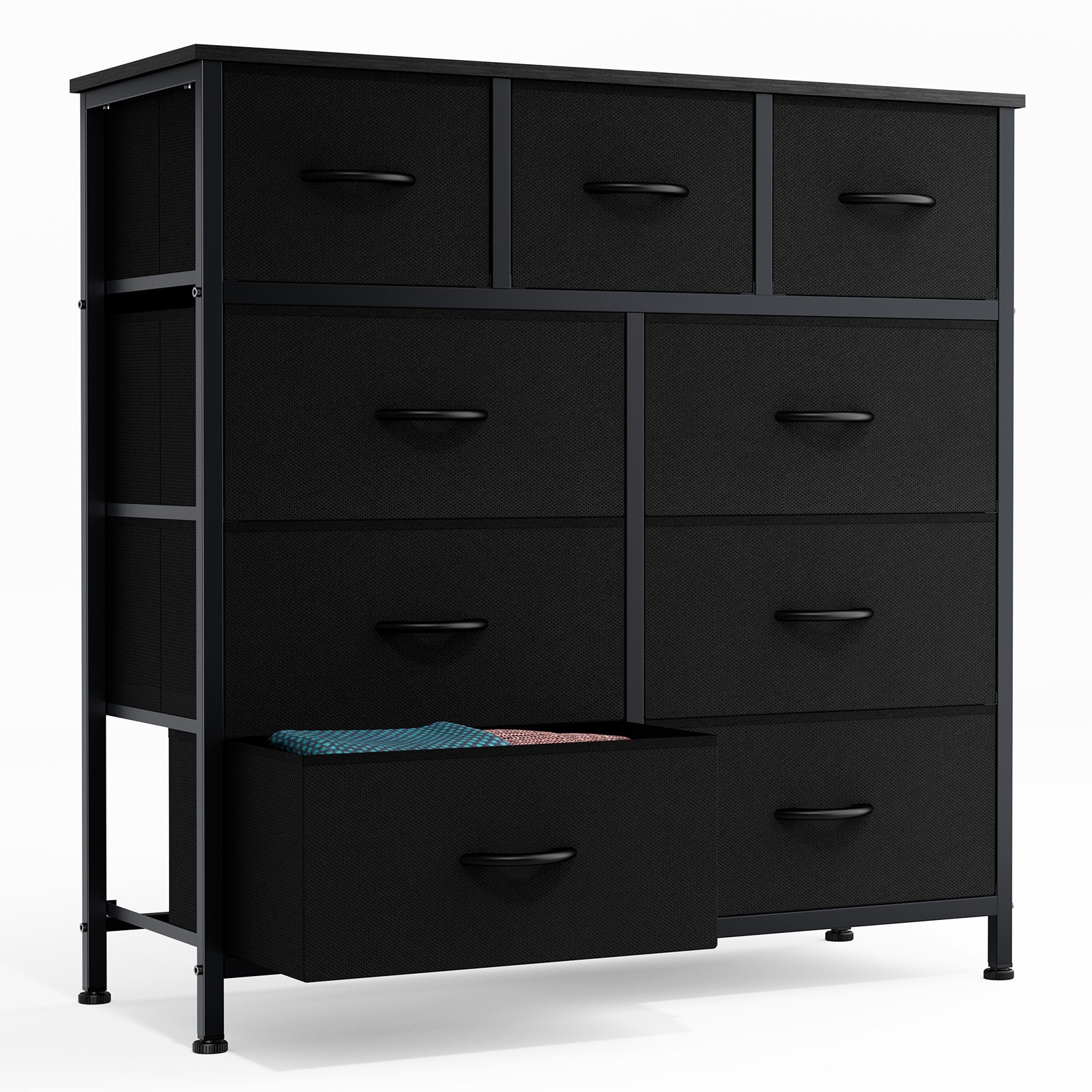 EDX 9 Drawer Dresser, Wide Chest of Drawers Nightstand Storage Tower Storage Fabric Dresser with Wood Top for Living Room, Bedroom, Hallway