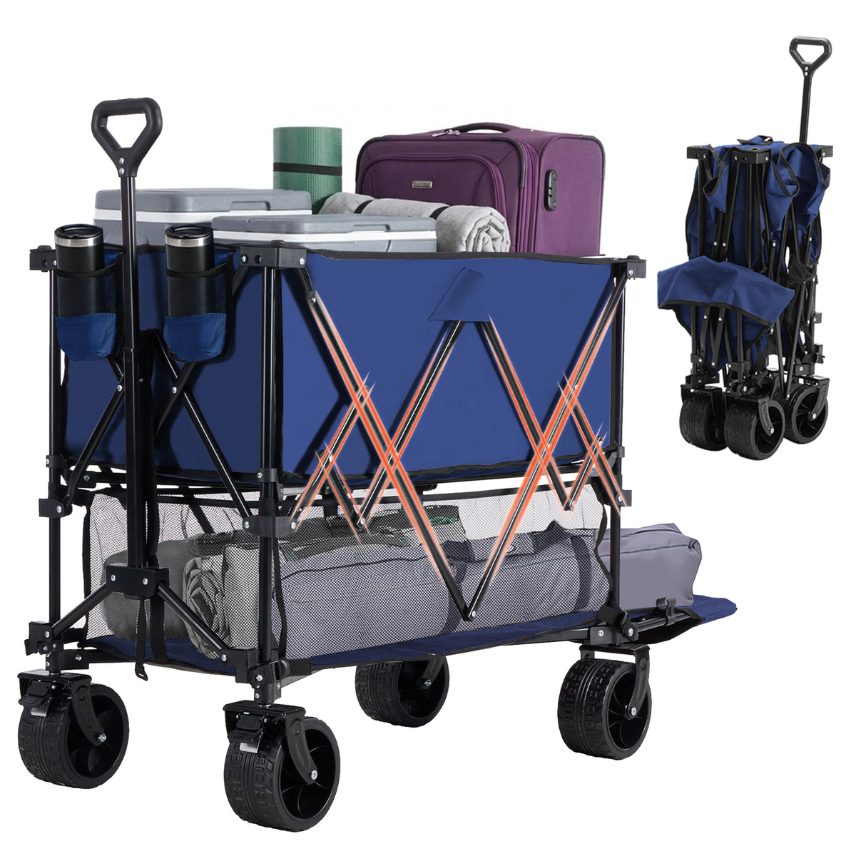Gianna Folding Utility Wagon, 440 lbs Capacity Double-Tier Cart with 54-Inch Extended Rack, All-Terrain Wheels & Cup Holders for Outdoor Events, Camping and Beach.There are black, blue and grey.
