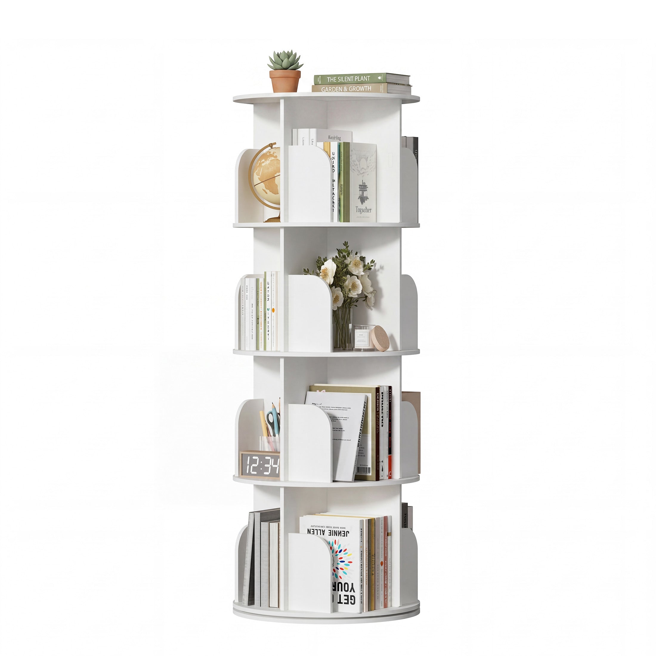 EDX Rotating Bookshelf Tower, Revolving 360 Book Shelf Storage Round Carousel, Vertical Rotate Turning Spiral Corner Organizer, White