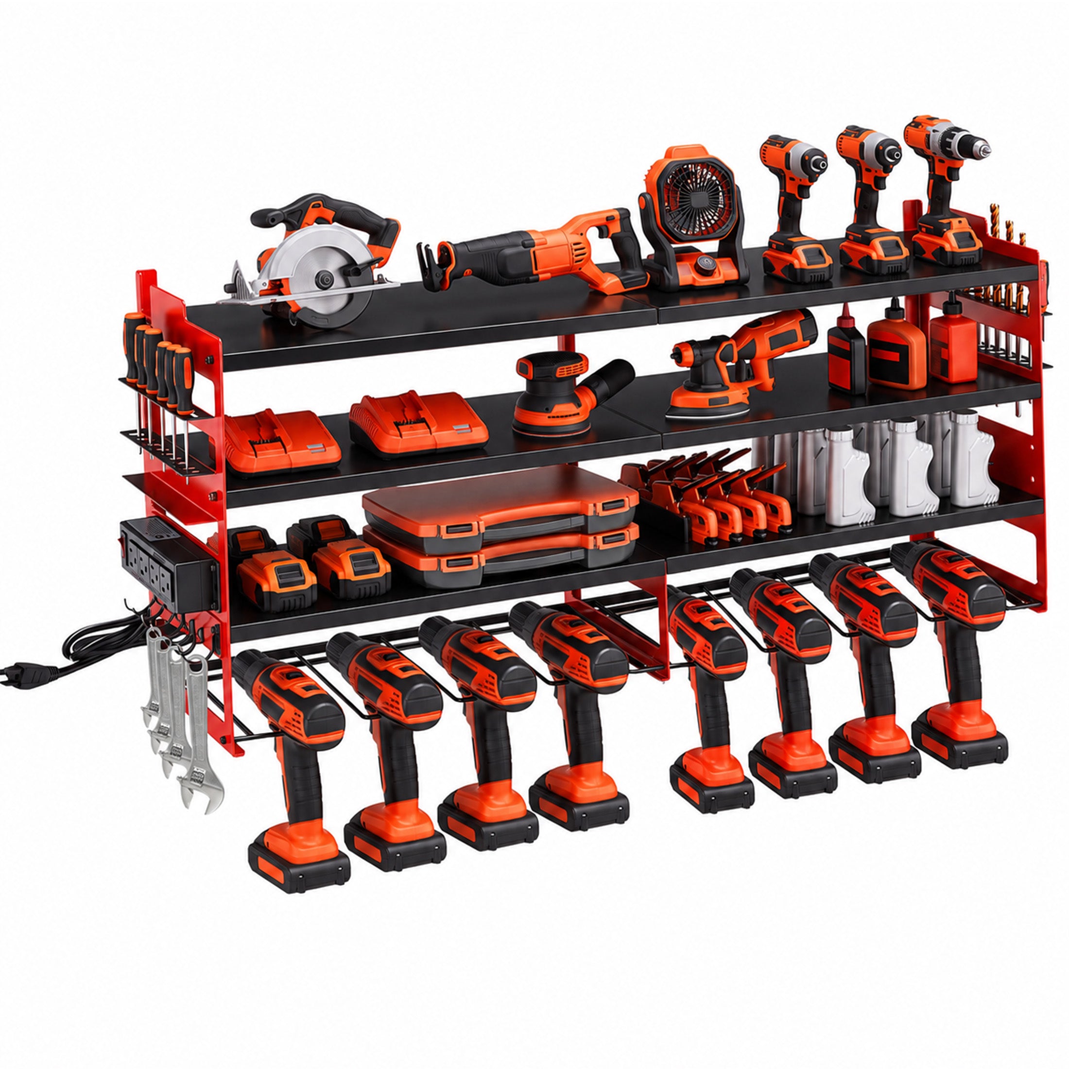 EDX Heavy Duty 4-Tier Power Tool Organizer Wall Mount, Garage Storage Rack with 8 Built-in Drill Holders and 4 AC Outlets, Ideal for Workshop, Tool Room, and Home Garage, 600 LBS Capacity