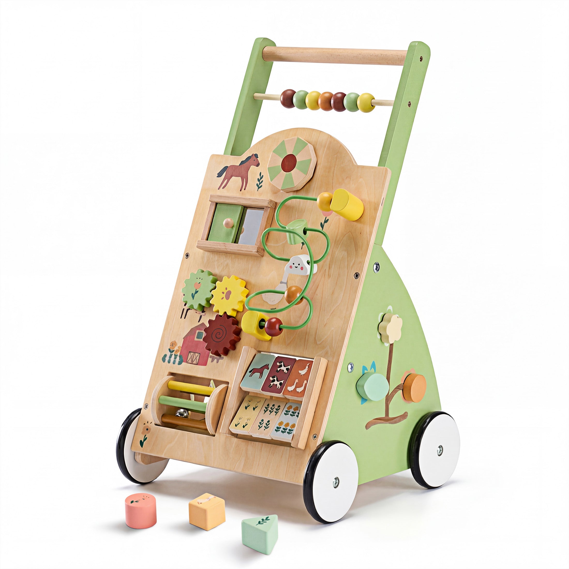 EDX Wooden Baby Walker, Adjustable Speed Montessori Learning Toy with Activity Center, Silent Rubber Wheels for Babies 12 Months