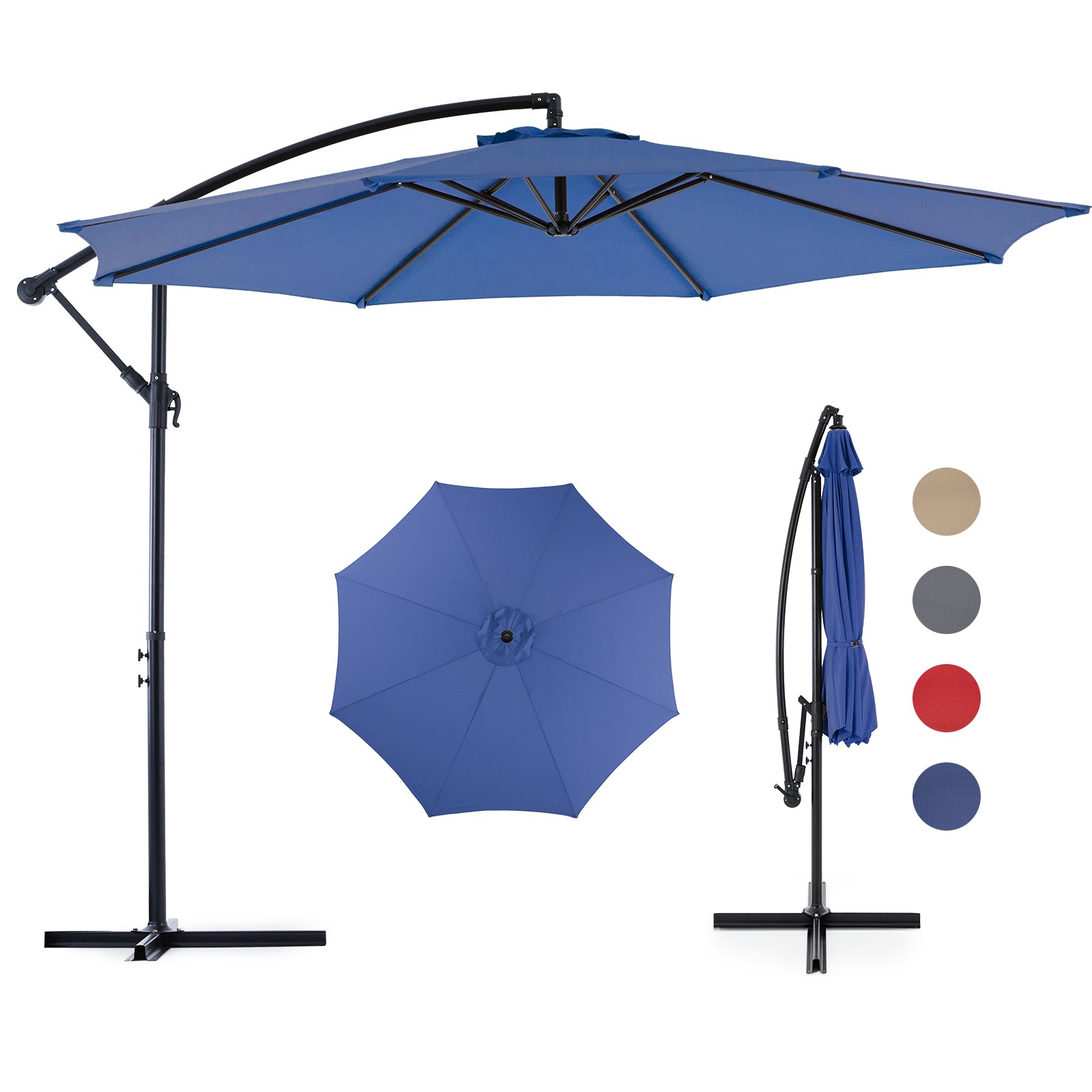 10FT Offset Hanging Patio Umbrella Outdoor with Push Button Tilt & Self-Locking, Polyester Shade, 8 Sturdy Ribs, Blue