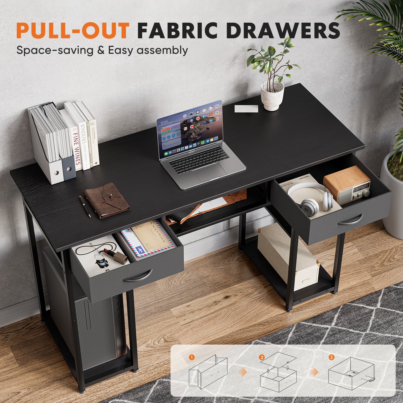 Small Desk Fabric Drawers & Storage Shelves, Home Office Computer Desk, Writing Desk Small Space Desk Study Table for Home, Bedroom, 48 Inch, Balck