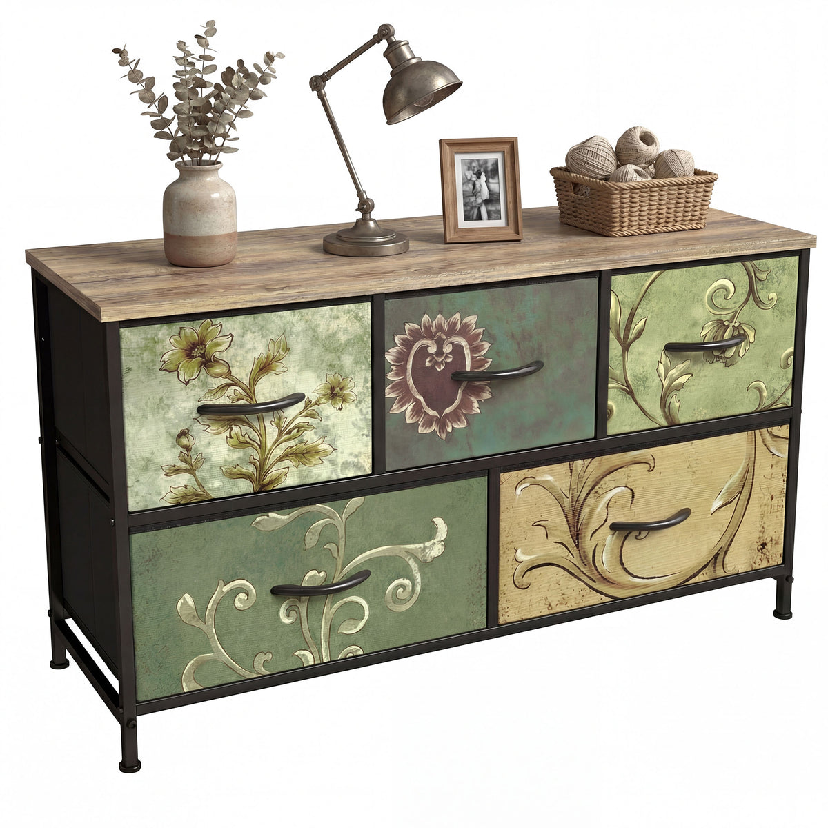 Gianna Fabric Dresser, Retro Flower Design, Sturdy Steel Frame, Wood Top, and Non Deformable Drawer Panels for Bedroom, Closet, Living Room, Hallway, Nursery