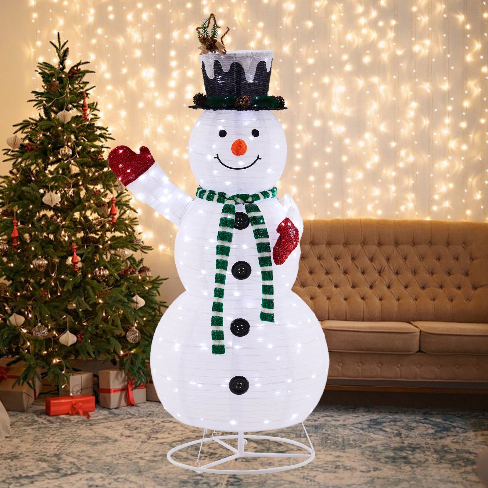 EDX 5ft Lighted Pop-Up Snowman, Large White Outdoor Christmas Holiday Decoration w/ 200 LED Lights, Hat, Scarf, Multicolored Lights