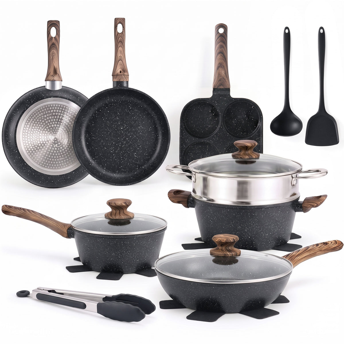 Gianna 17pcs Non-Stick Cookware Set, Pots and Pans Set with Detachable Handle for Kitchen