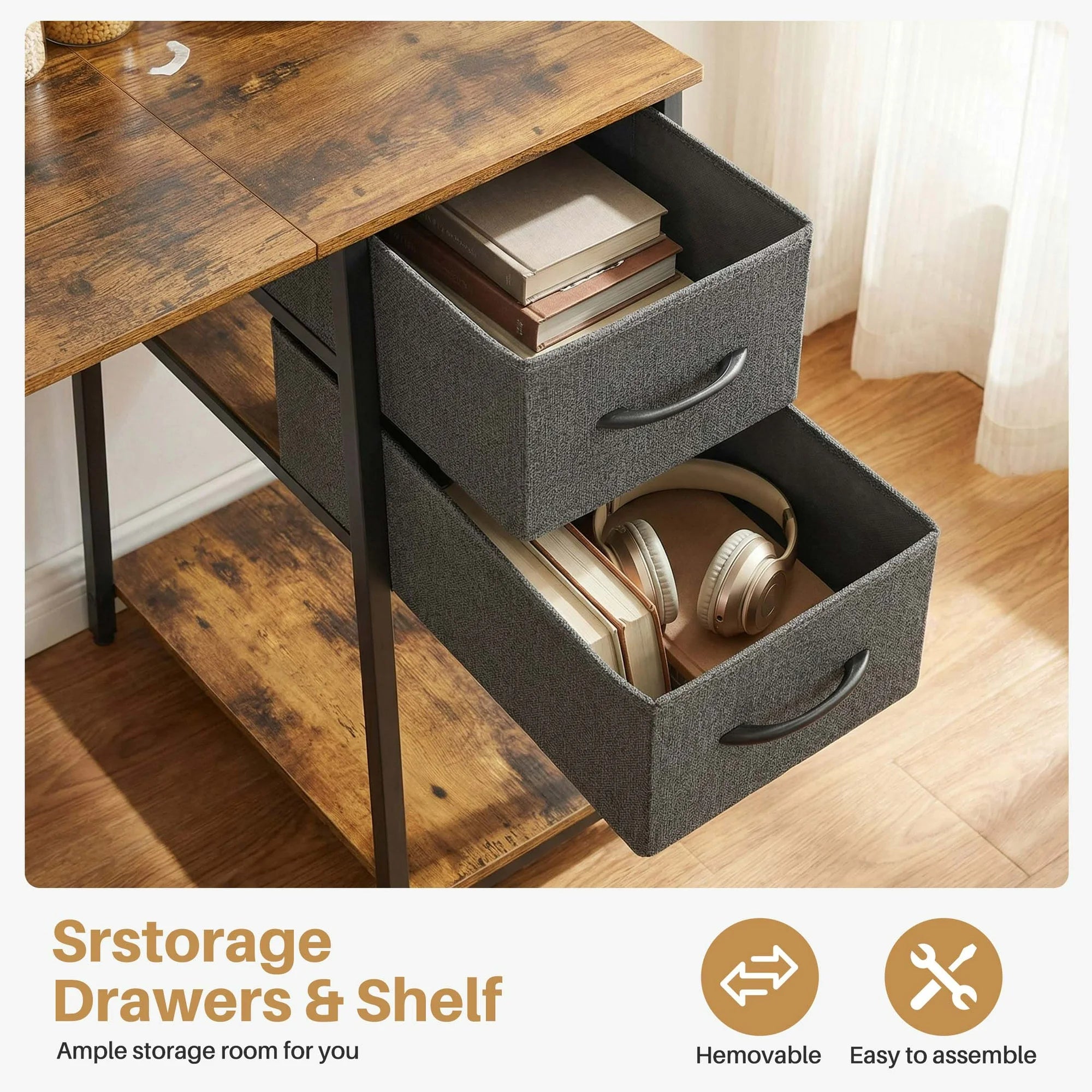 edx Computer Desk with 2 Drawers PC Table Study Writing Desk with Storage Shelf Headphone Hook, Simple Style Small Desk for Home