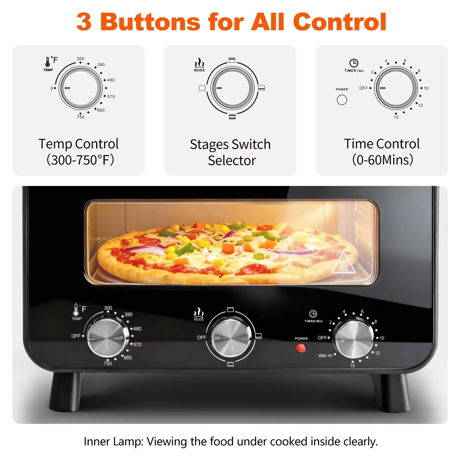 EDX Pizza Oven 15L 1700W, 80-400℃, 2 Mins Bake 12" Pizza, Stainless Steel Front, 320*319mm Pizza Stone, Electronic control