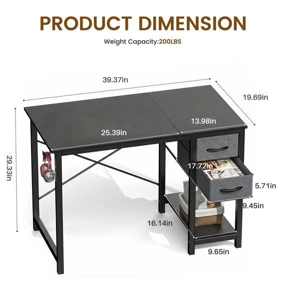 EDX Computer Desk with 2 Drawers PC Table Study Writing Desk with Storage Shelf Headphone Hook, Simple Style Small Desk for Home