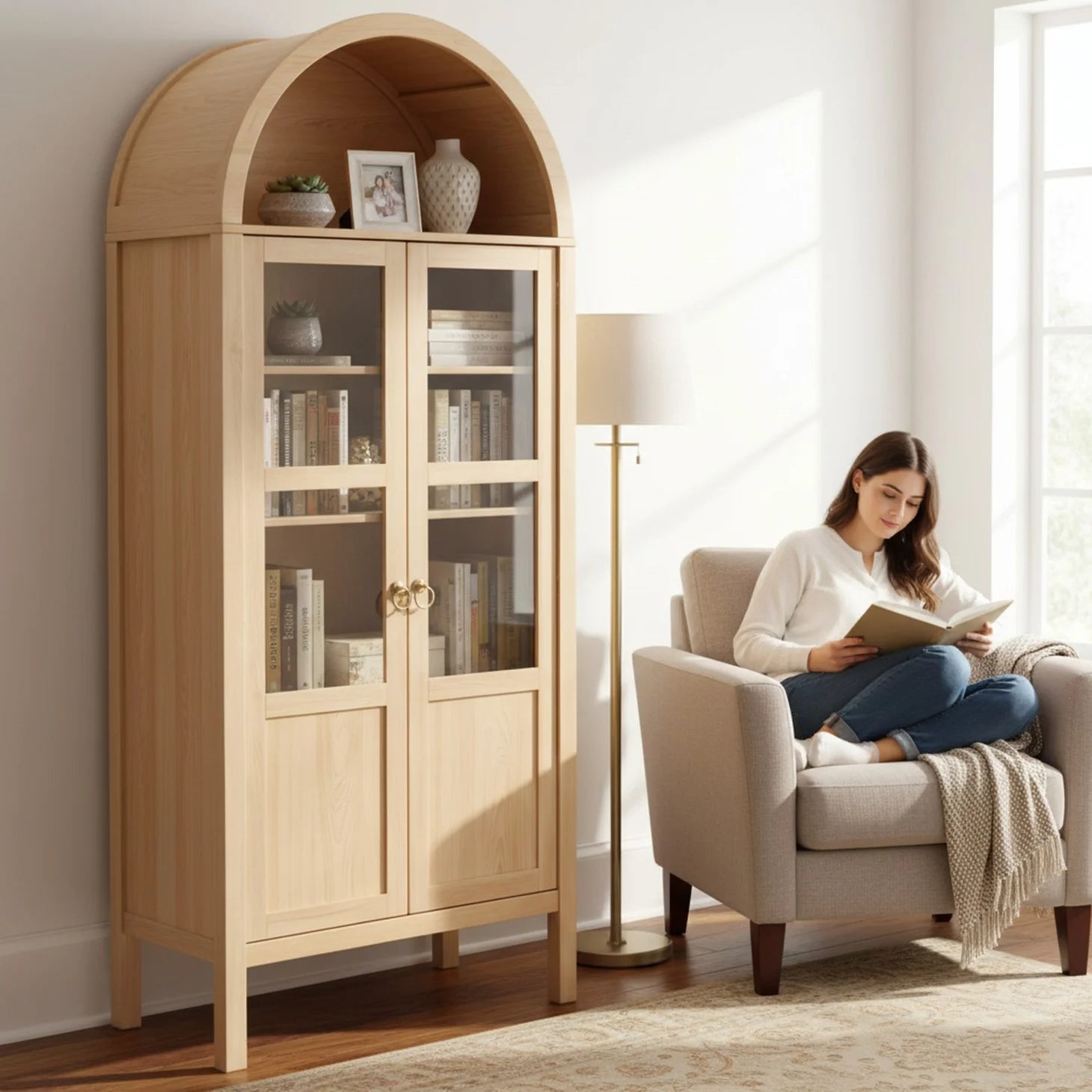 EDX 71" Wood Tall Storage Display Cabinet with Rounded Arched Top in Oak, 2 Doors