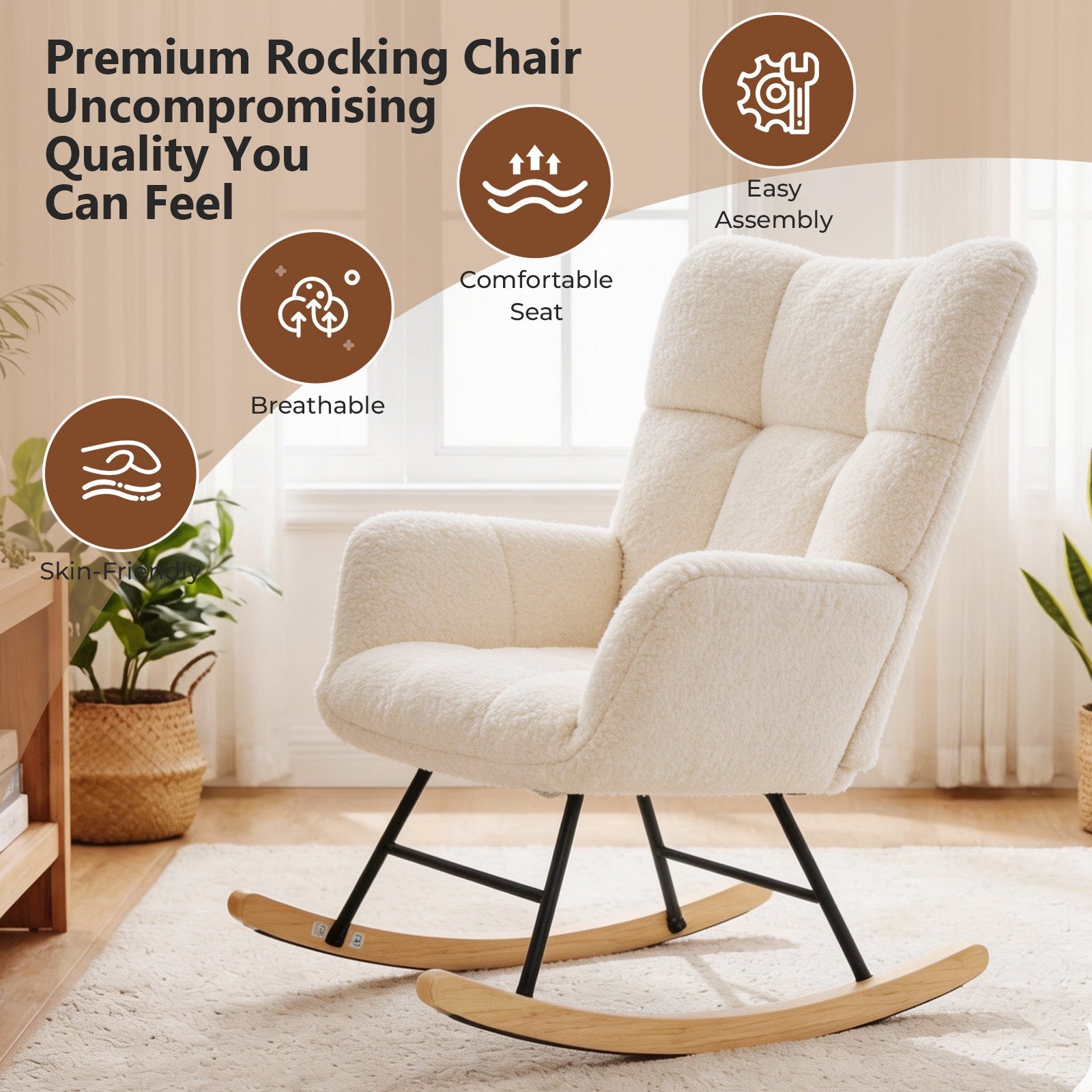 EDX Teddy Upholstered Rocking Accent Chair with Winged Back, Cozy Indoor Glider Seat for Reading, Bedroom, Living Room or Office
