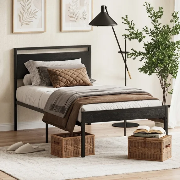 edx Bed Frame, Heavy Duty Metal Platform Bed with Wooden Headboard, 1000-LB Capacity, Under-Bed Storage, No Box Spring Needed