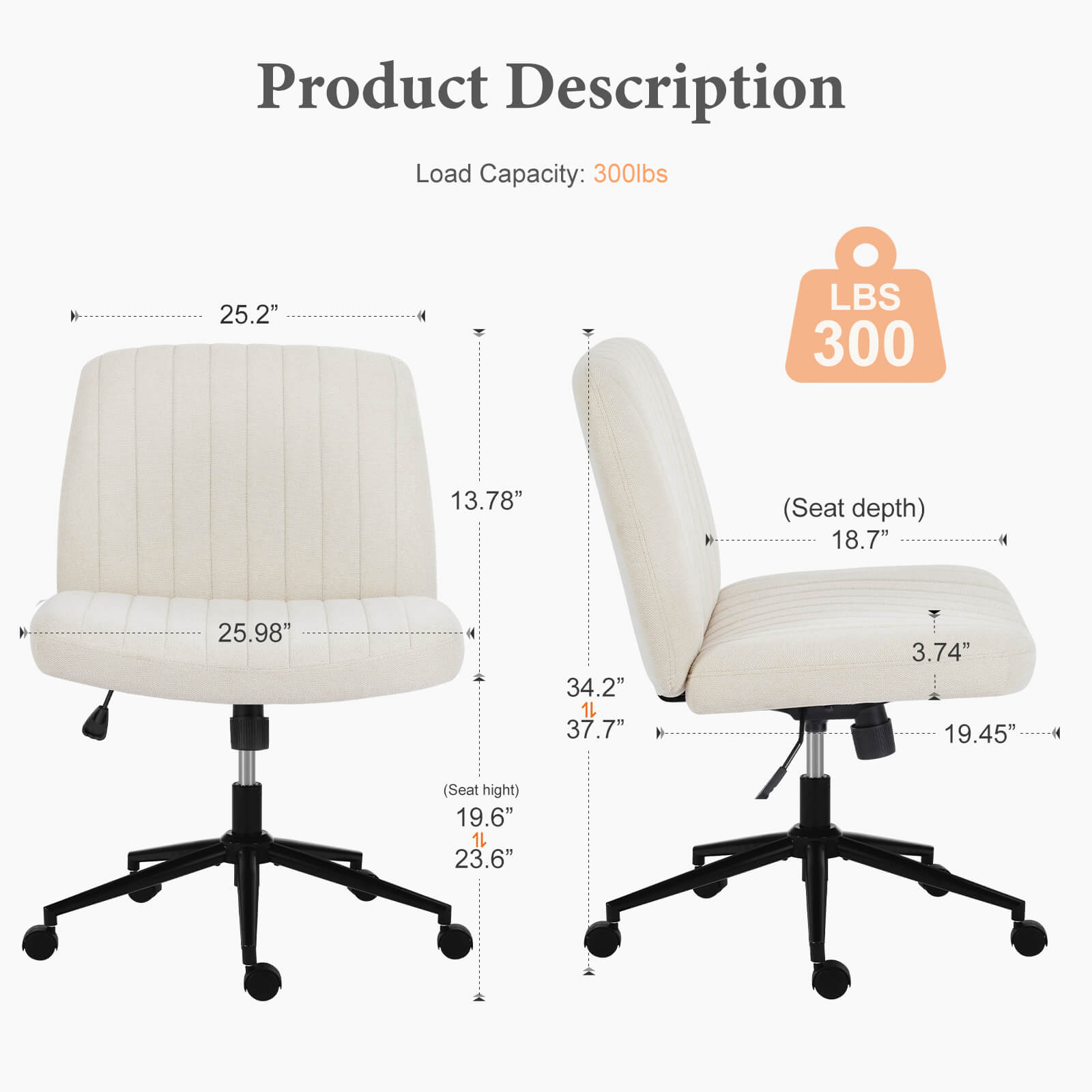 Cross-legged chair without armrests, with wheels, swivelling, height-adjustable vanity chair, office chair, can be used with fabric dresser