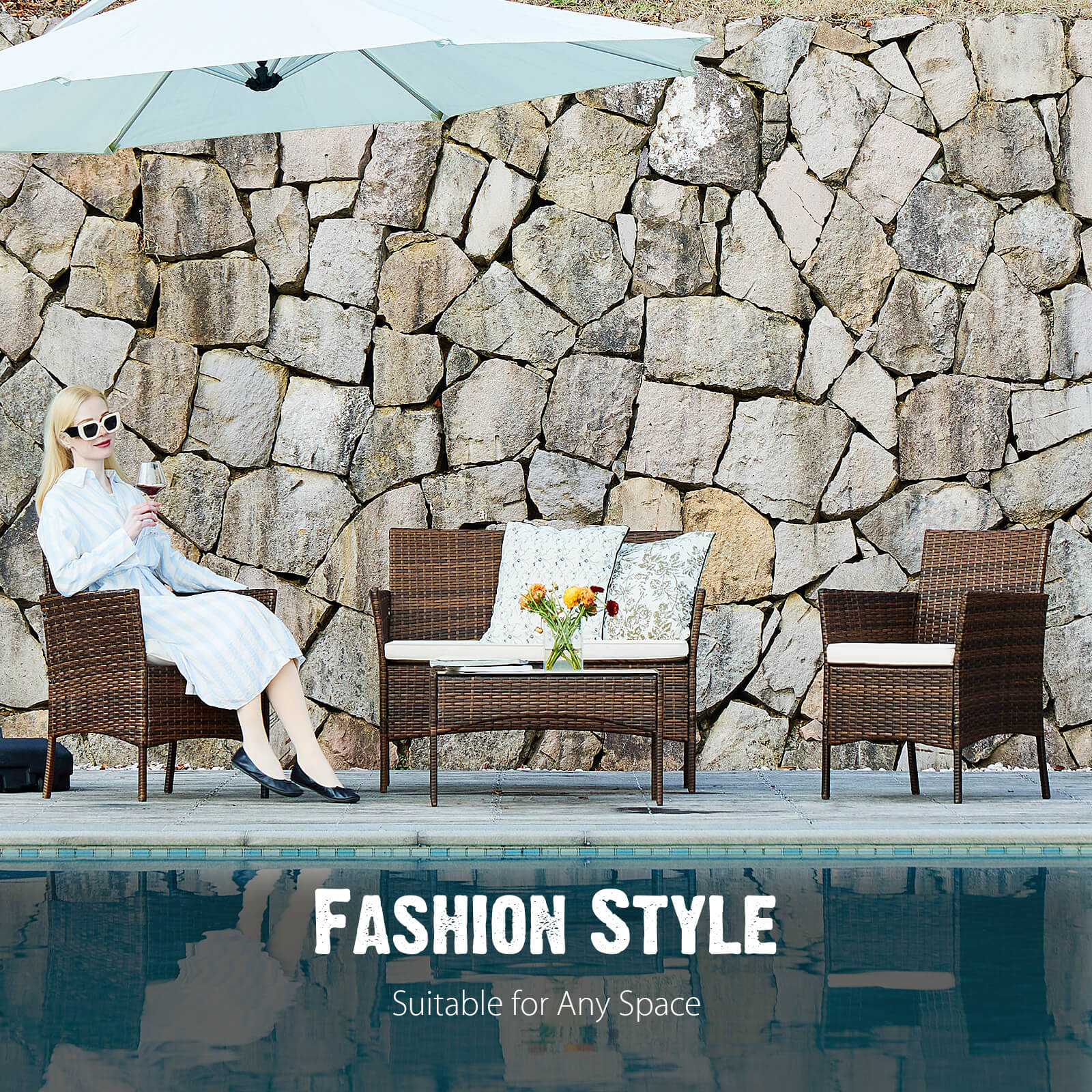 edx 3 Piece Patio Wicker Furniture Set , Patio Chair w/ Table w/ Cushions, Simple Modern Comfort