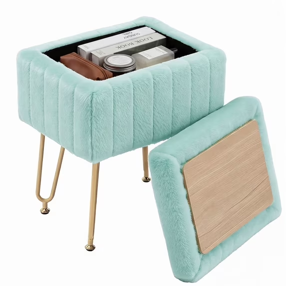 Gianna Ottoman Vanity Stool Chair, with Storage Function, Modern Style Wooden Board Seat, Equipped with 4 Metal Legs and Non-Slip Feet, Suitable for Living Room and Bedroom