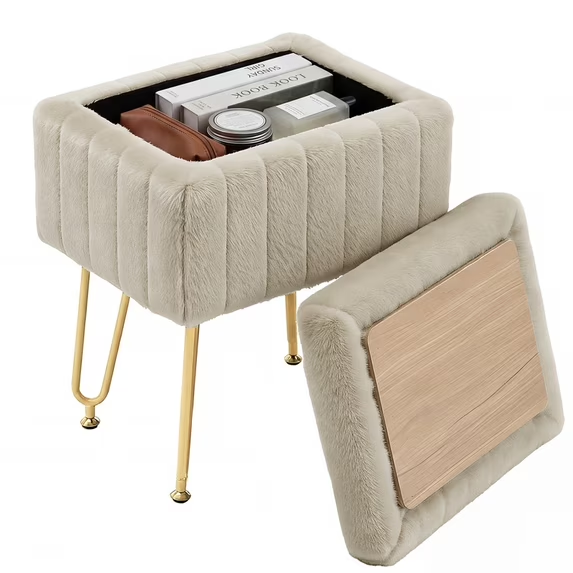 Gianna Ottoman Vanity Stool Chair, with Storage Function, Modern Style Wooden Board Seat, Equipped with 4 Metal Legs and Non-Slip Feet, Suitable for Living Room and Bedroom