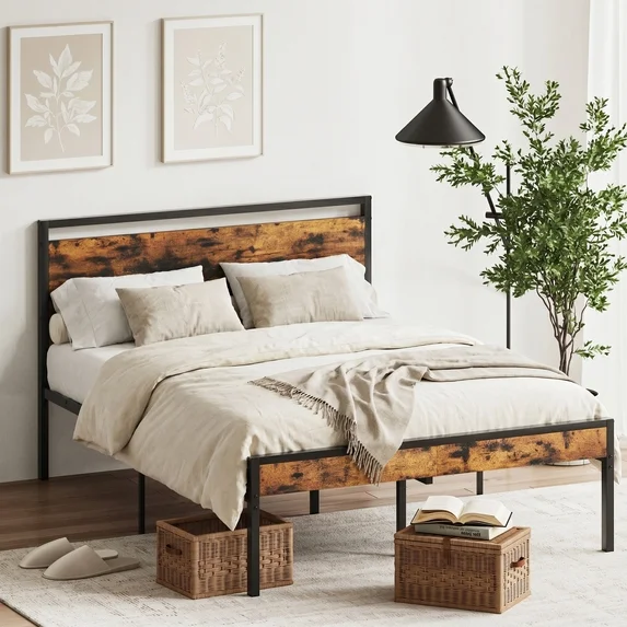 edx Bed Frame, Heavy Duty Metal Platform Bed with Wooden Headboard, 1000-LB Capacity, Under-Bed Storage, No Box Spring Needed