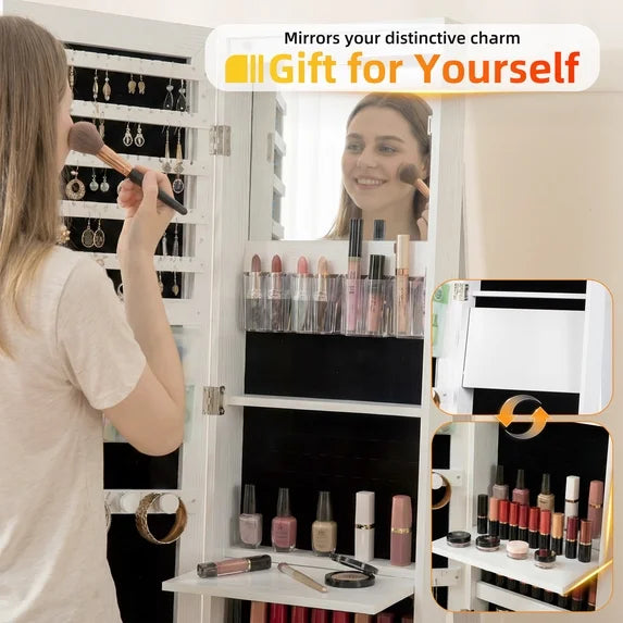 edx Freestanding Rotating Jewelry Cabinet with Full-Length Mirror, Lockable Jewelry Armoire with Foldable Makeup Shelf & Lights, Jewelry Organizer with Storage