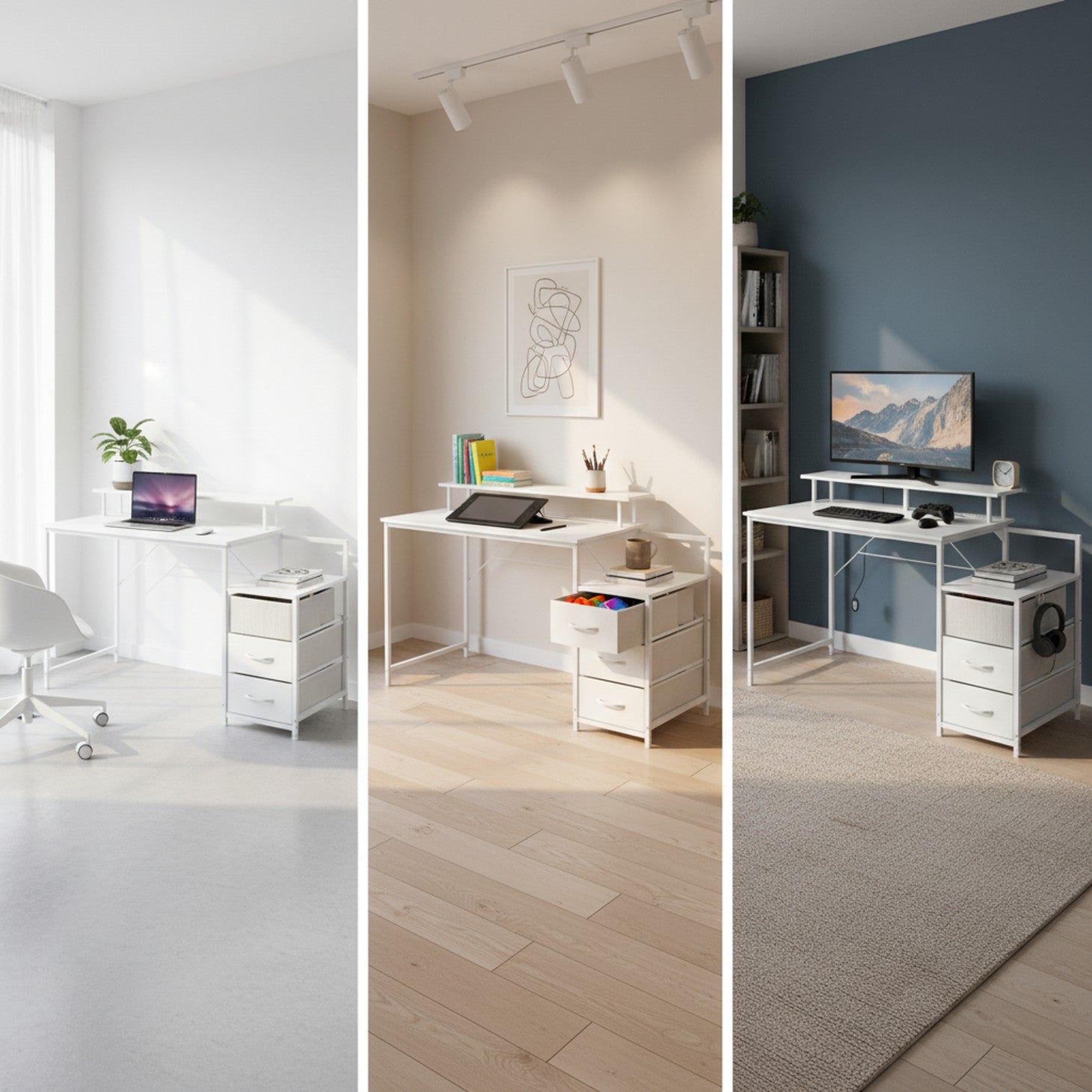 Edx Gaming Desk with Hutch & 3 Fabric Drawers, Computer Desk with USB Ports & LED Lights, Reversible Pc Gamer Table with Monitor Stand for Home Office