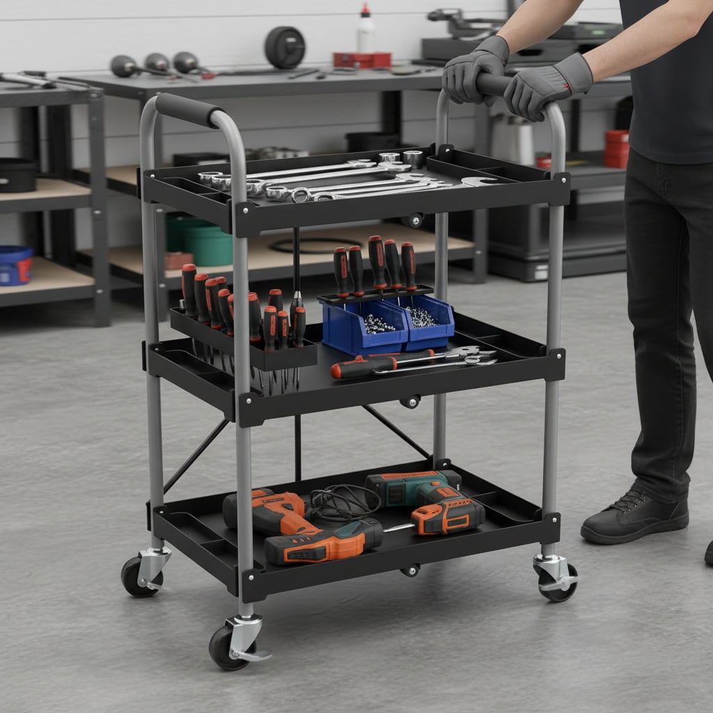 EDX 3-Tier Plastic Utility Cart with Lockable Wheels, Foldable Heavy-Duty Rolling Service Cart for Home, Office, Kitchen, or Restaurant,Black