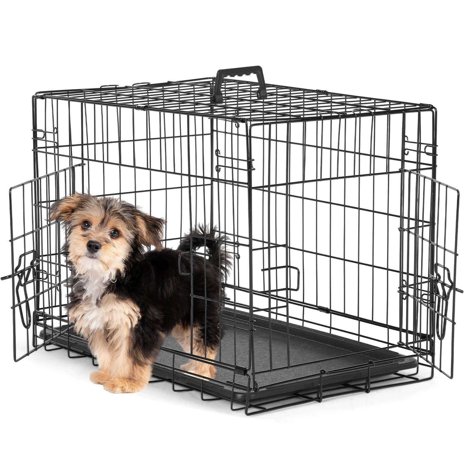 Mayoume Dog Crate-24/30/36/42/48 inch, Double Door Dog Cage with Divider Panel and Plastic Leak-Proof Pan Tray, foldable, easy to carry, suitable for indoor, outdoor, travel use