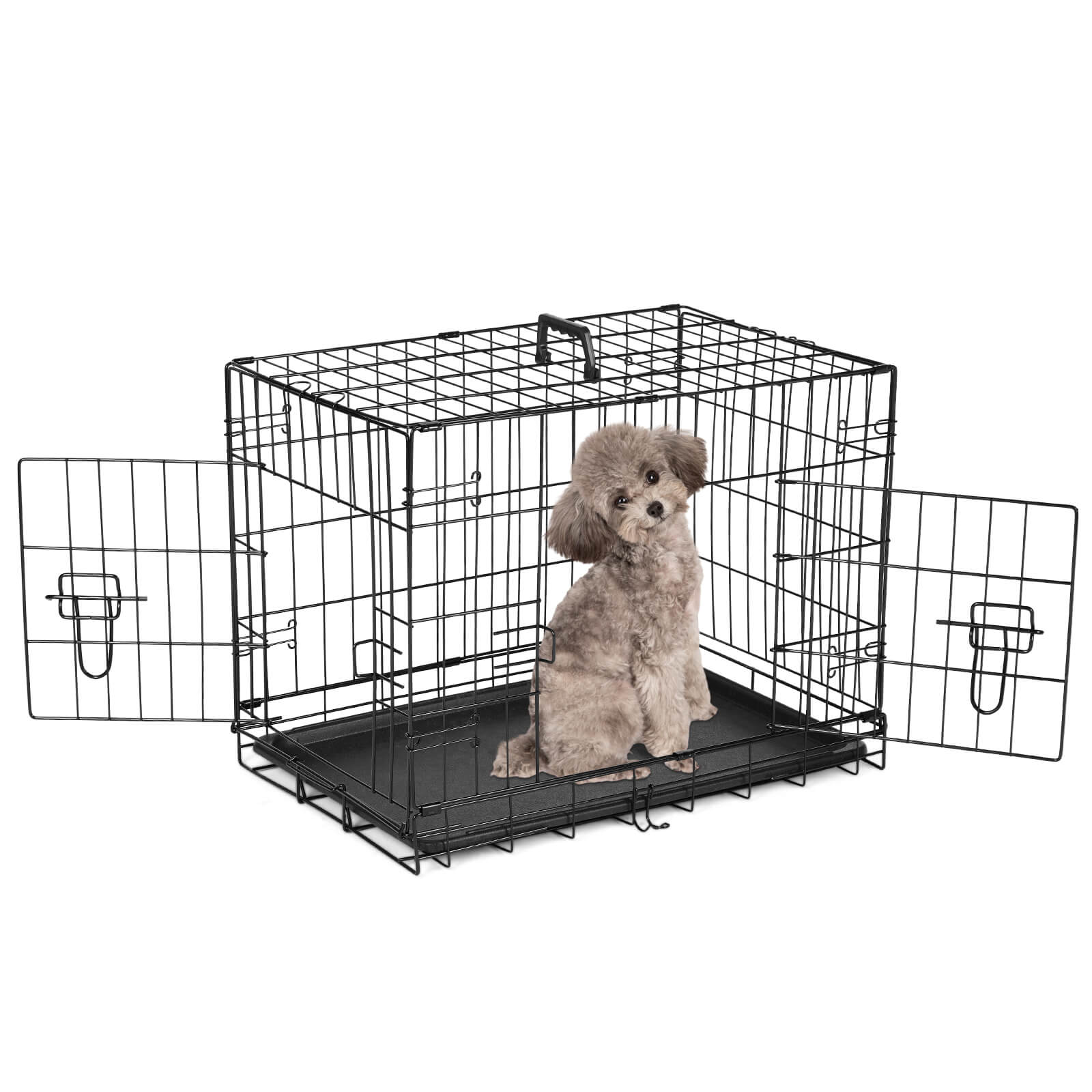 Mayoume Dog Crate-24/30/36/42/48 inch, Double Door Dog Cage with Divider Panel and Plastic Leak-Proof Pan Tray, foldable, easy to carry, suitable for indoor, outdoor, travel use