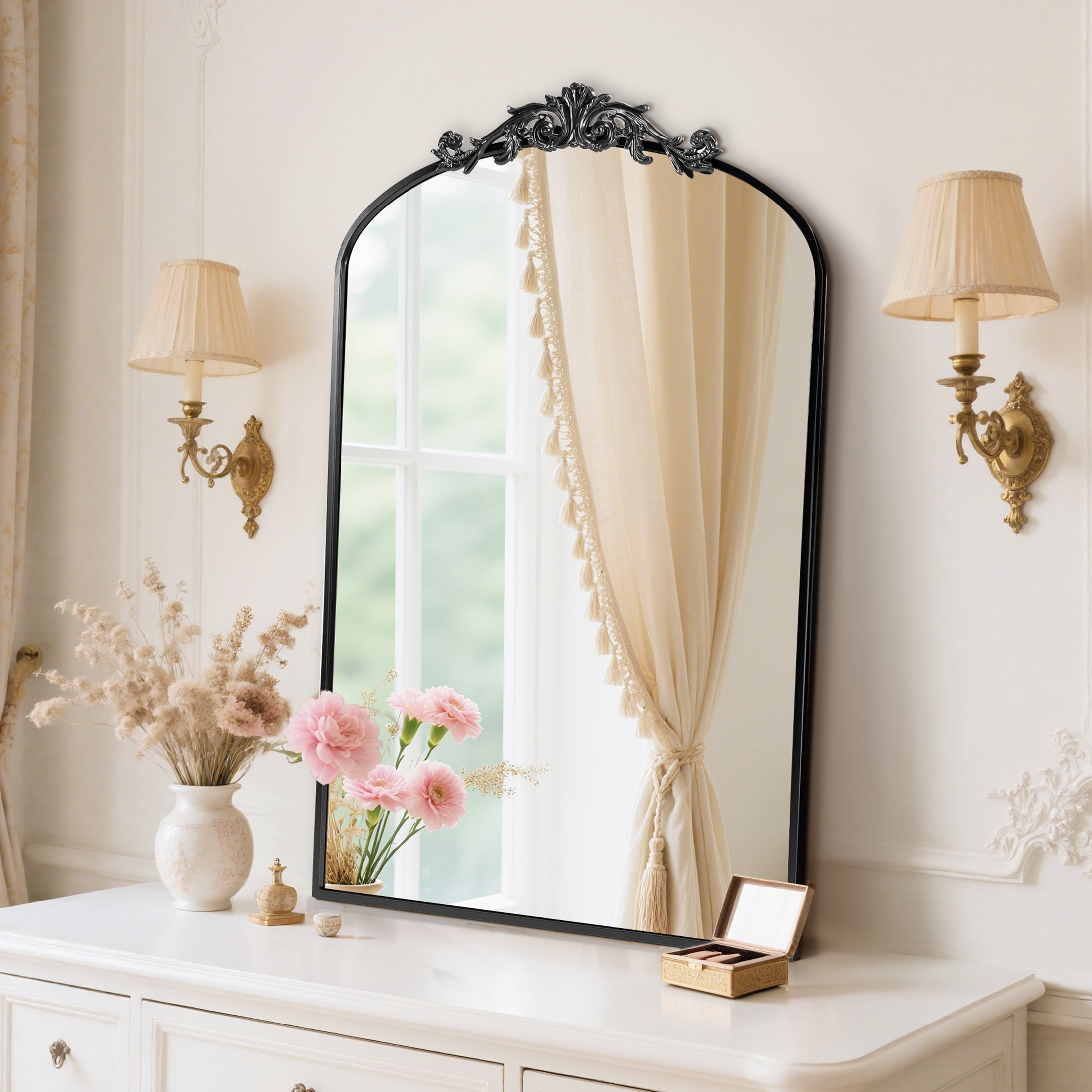 EDX Antique Arched Mirror, Vintage Aluminium Thin Frame, Wall Decor for Bathroom, Black