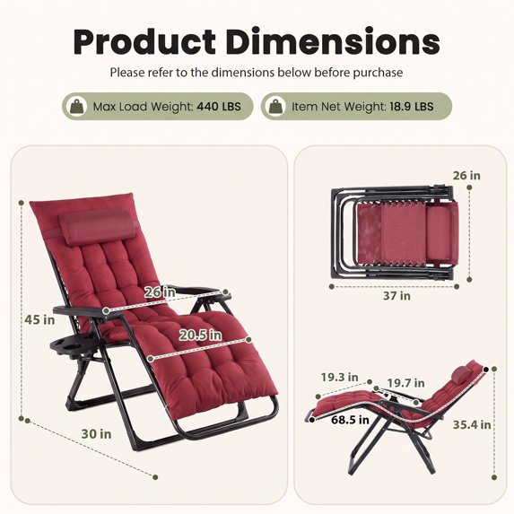 EDX Zero Gravity Chair with Cushion 440 LB Capacity Folding Outdoor Lounge Chair for Patio Outdoor with Cup Holder & Headrest