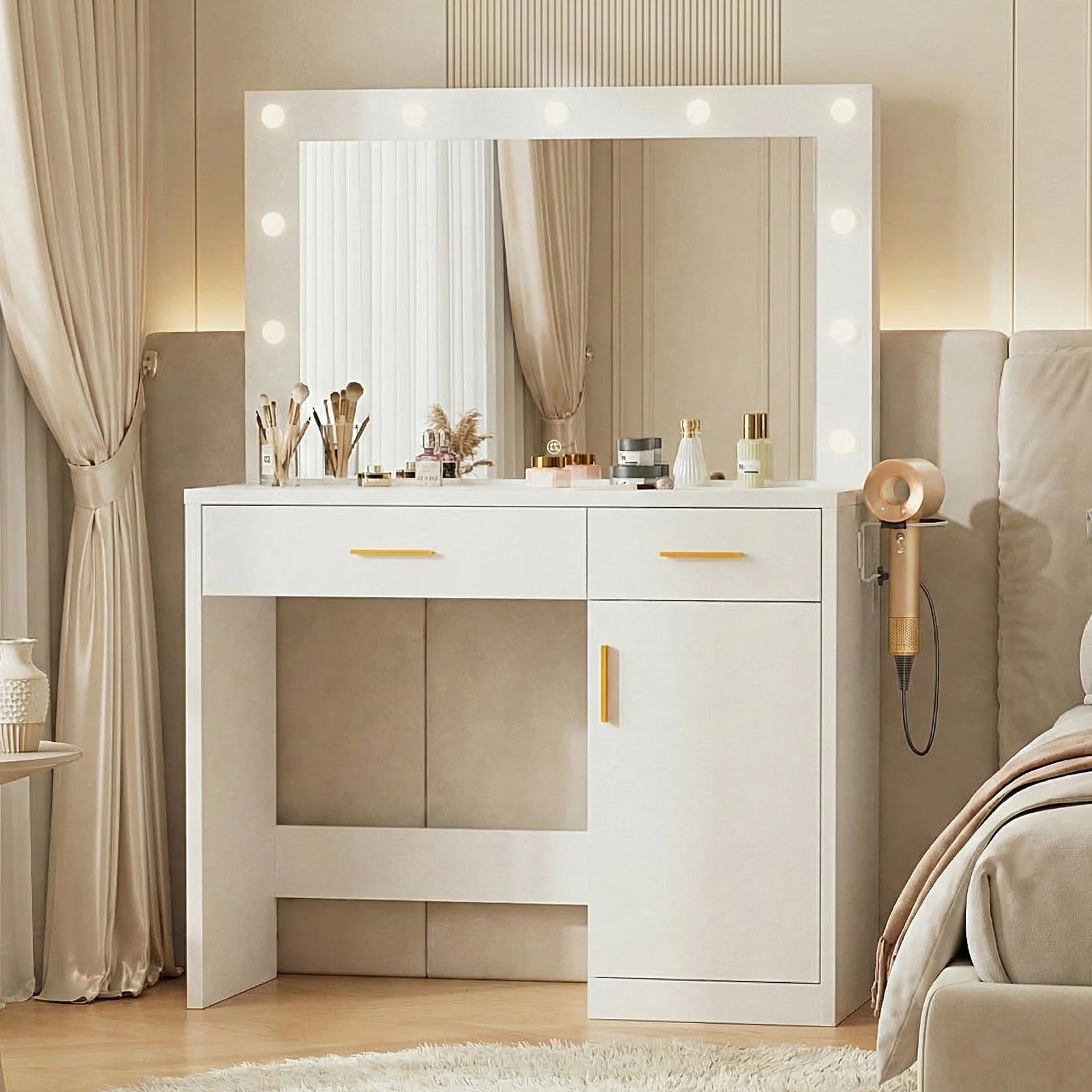 ZUNMOS Vanity Desk with Mirror and Lights, Makeup Vanity Table with Hair Dryer & Power Outlet, 2-Drawer Dressing Table for Bedroom,White