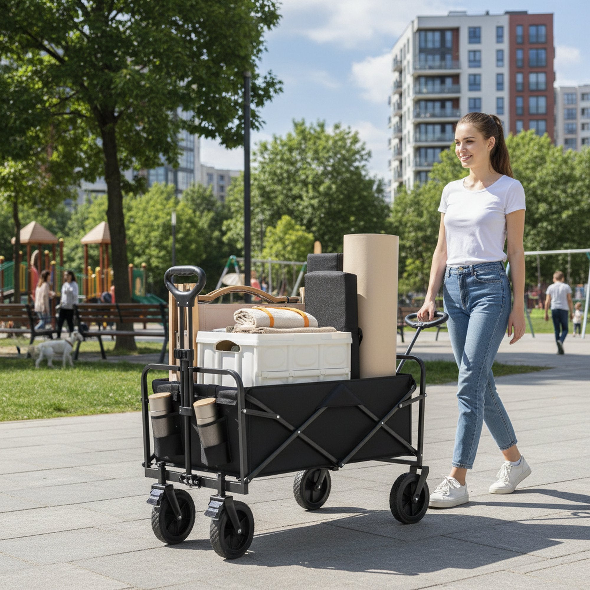 edx Collapsible Folding Wagon, Heavy Large Capacity Garden Wagon, Duty Utility Cart with All-Terrain Wheels for Outdoor Camping, Shopping