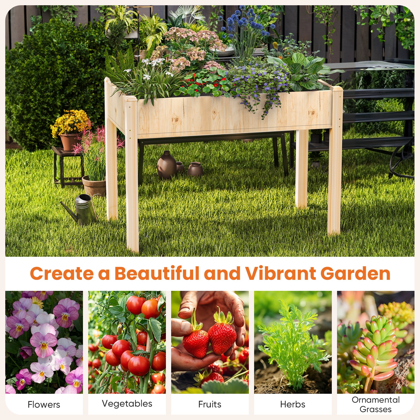 Outdoor Wood Raised Garden Bed, 48x24x30in Elevated Reinforced Large Planter Box with Storage Shelf for Vegetable Flower Backyard Patio Gardening Balcony & Bed Liner 300lb Capacity - Natural