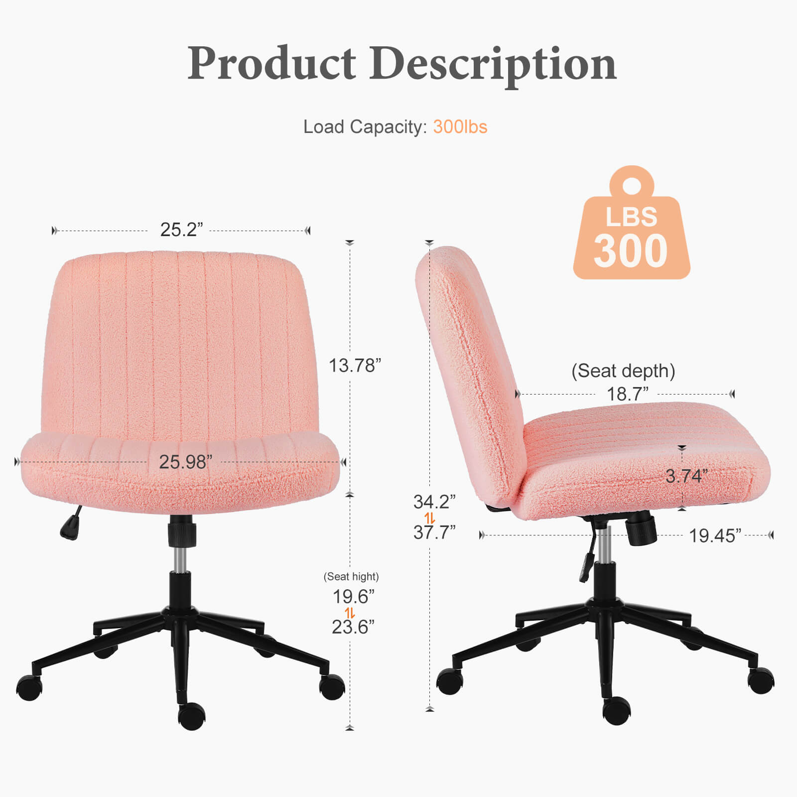 Cross-legged chair without armrests, with wheels, swivelling, height-adjustable vanity chair, office chair, can be used with fabric dresser