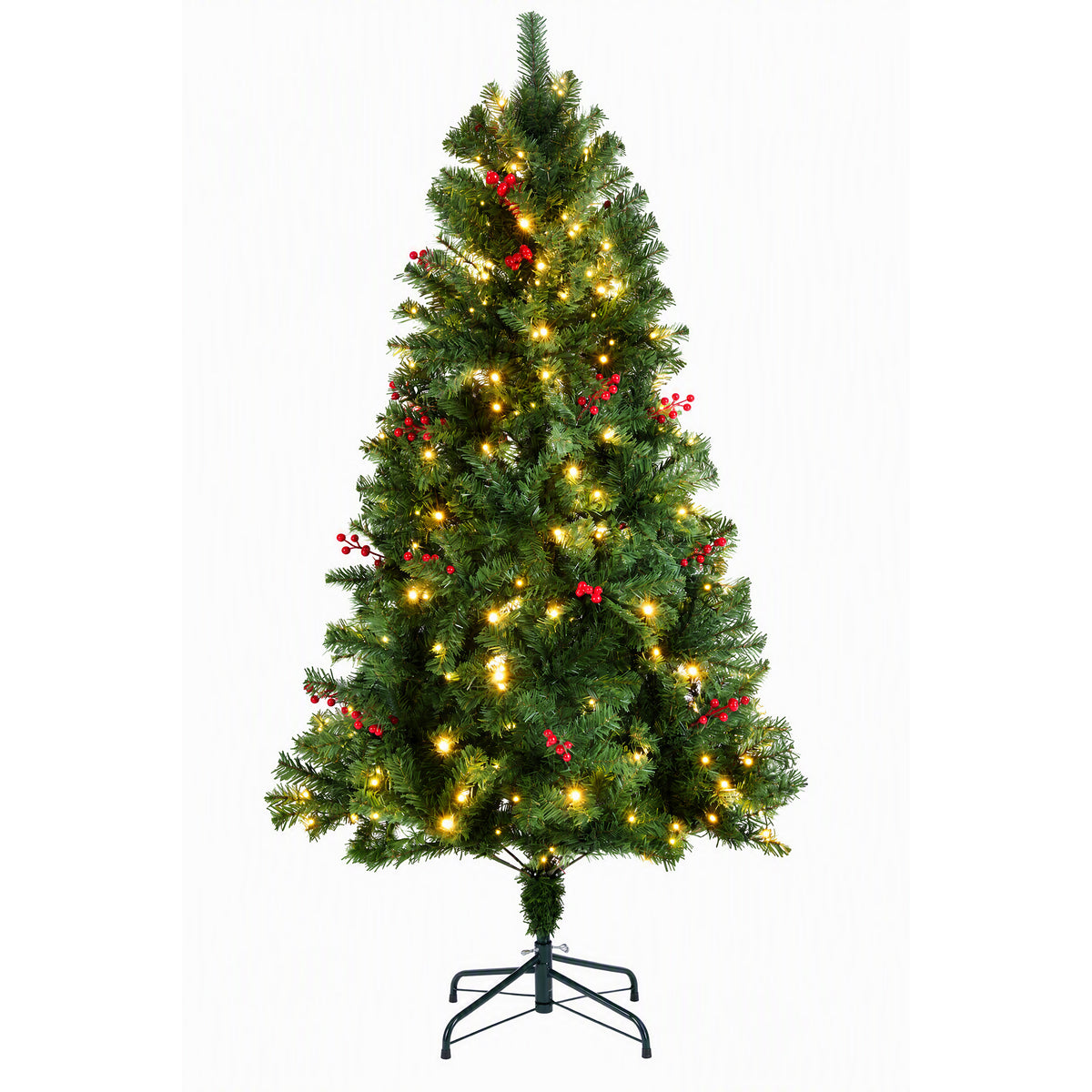 EDX Pre-lit Artificial Christmas Tree, Prelighted Green Artificial Xmas Tree with Red Berries, 120 Warm White LED Lights,  Branch Tips & Foldable Base, For Home, Office, Party Decoration