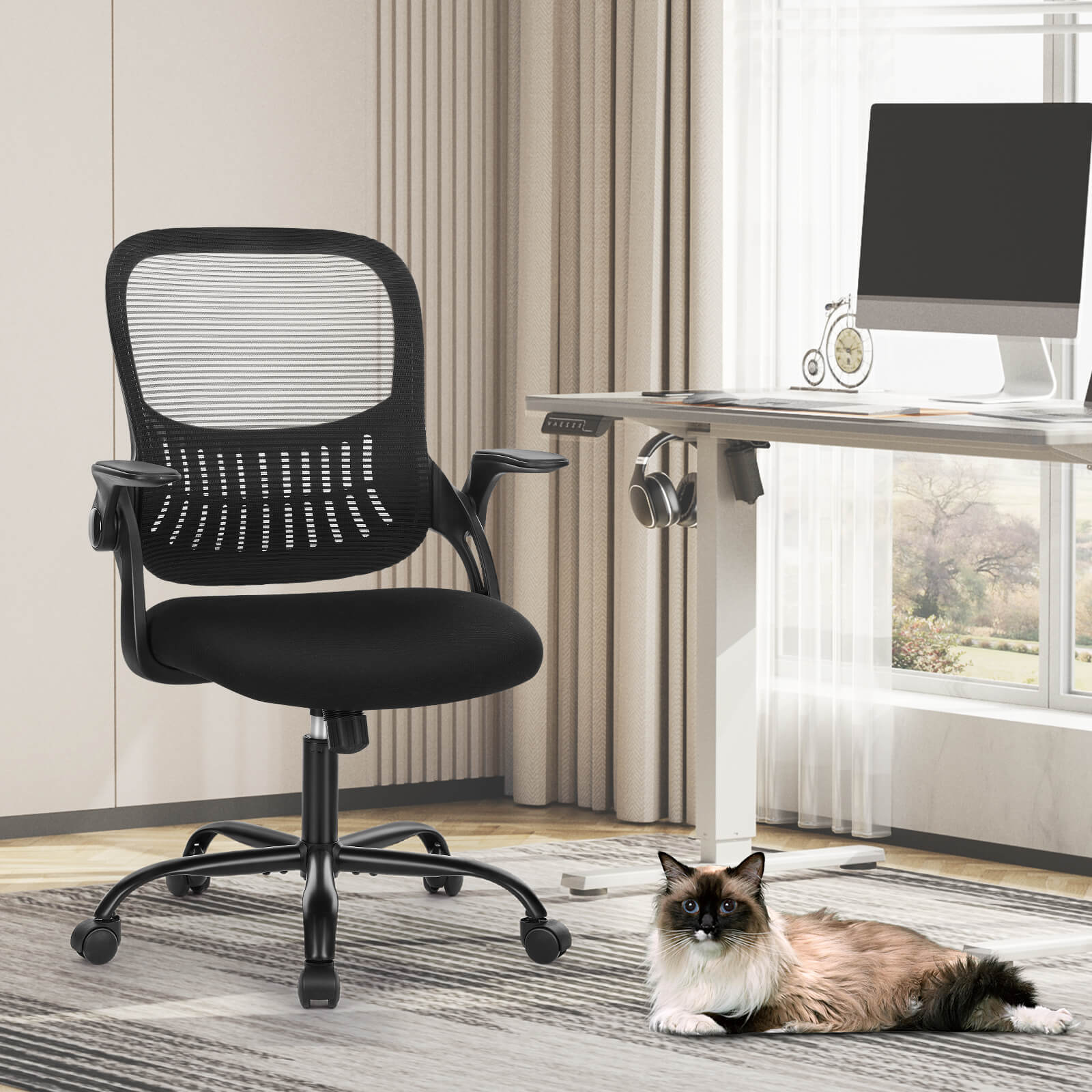 Office Computer Desk Chair-Ergonomic Chair with Wheels, Comfortable Lumbar Support, Comfy Flip-up Arms for Home, Office