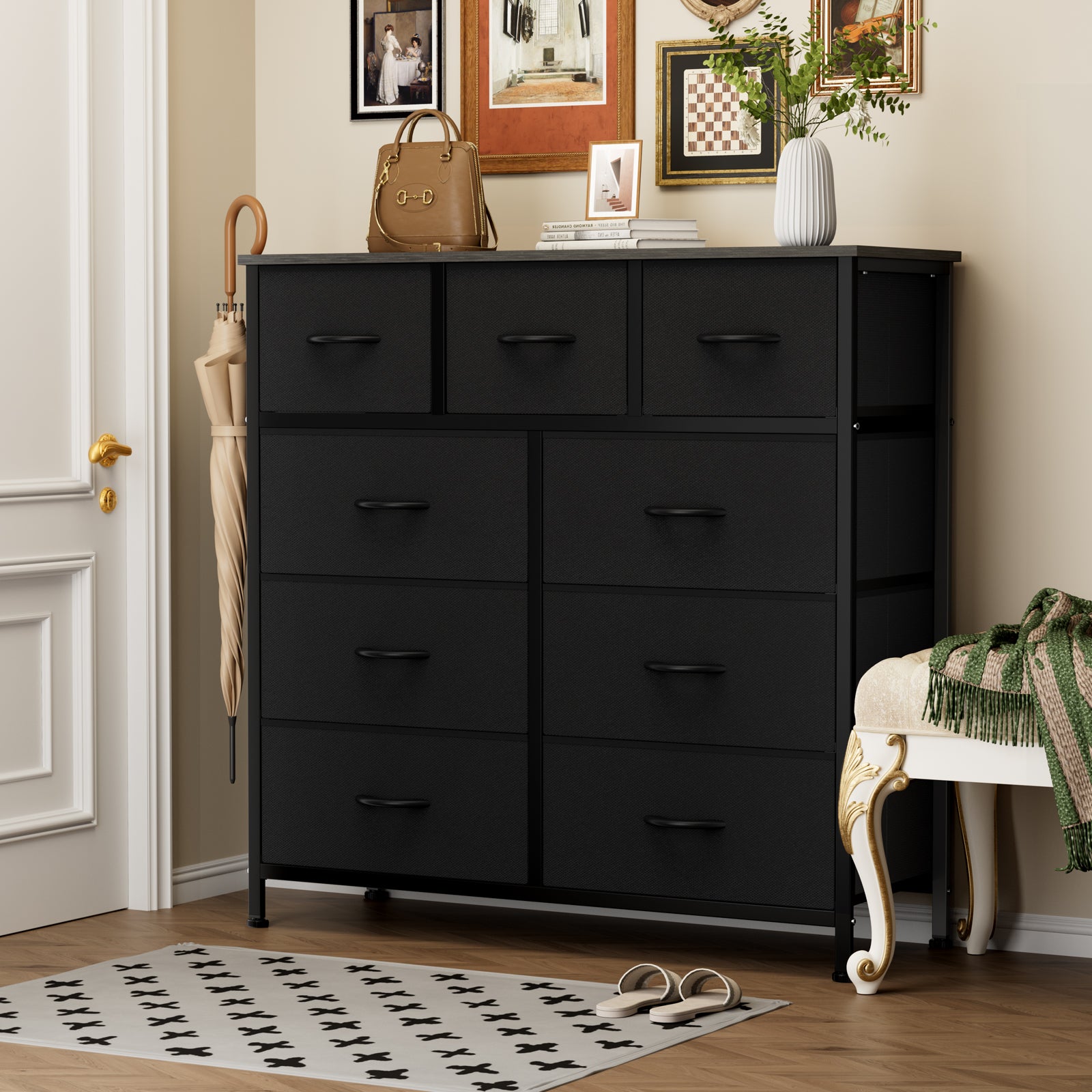 EDX 9 Drawer Dresser, Wide Chest of Drawers Nightstand Storage Tower Storage Fabric Dresser with Wood Top for Living Room, Bedroom, Hallway
